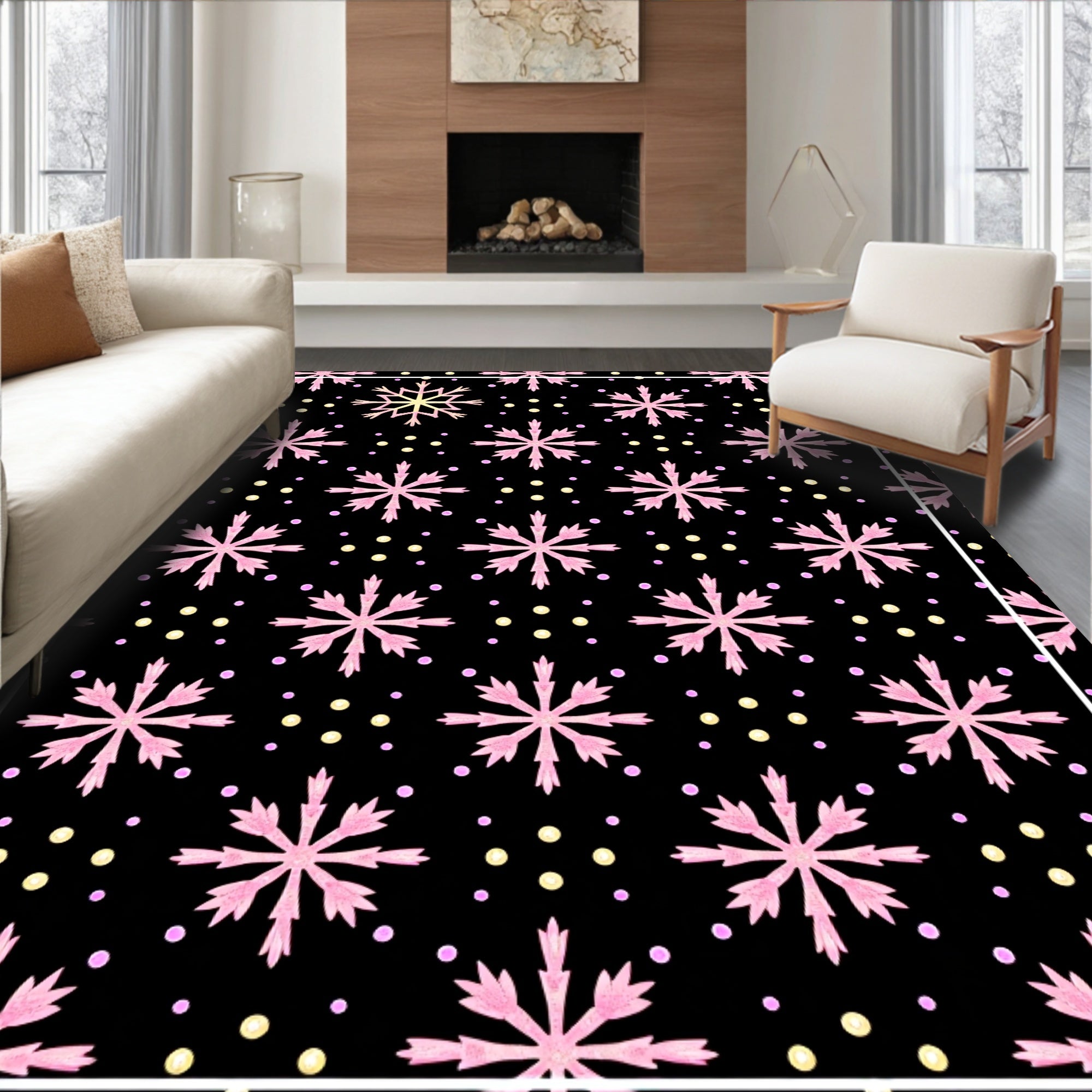 Pink Snowflake Dot Black Background Rug