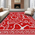Bold Red White Swirl Snowflake Border Rug