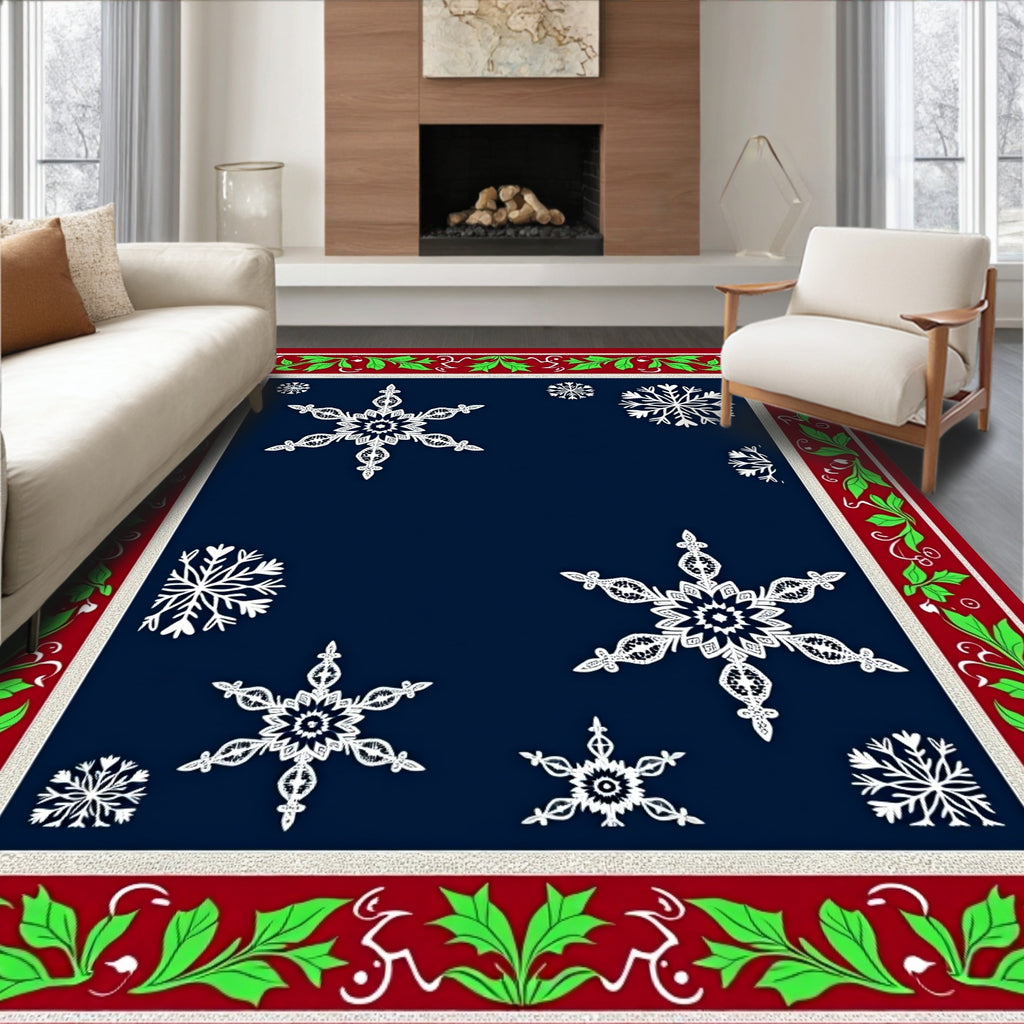 Festive White Snowflake Navy Border Rug