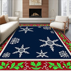 Festive White Snowflake Navy Border Rug