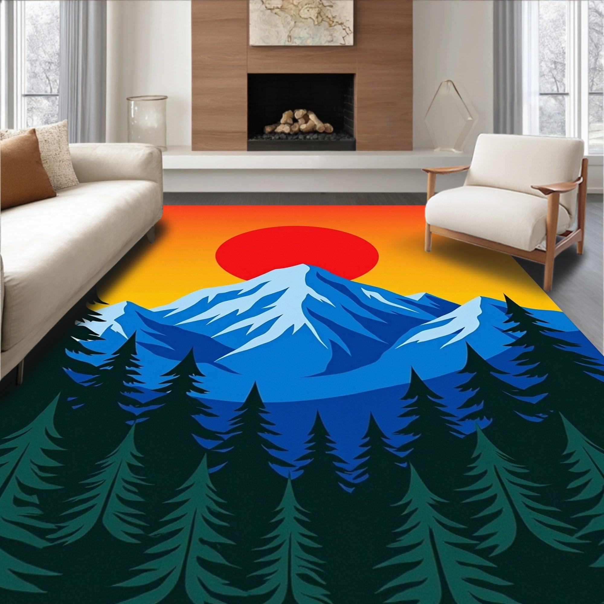 Crimson Sun Over Blue Snowy Mountains Rug