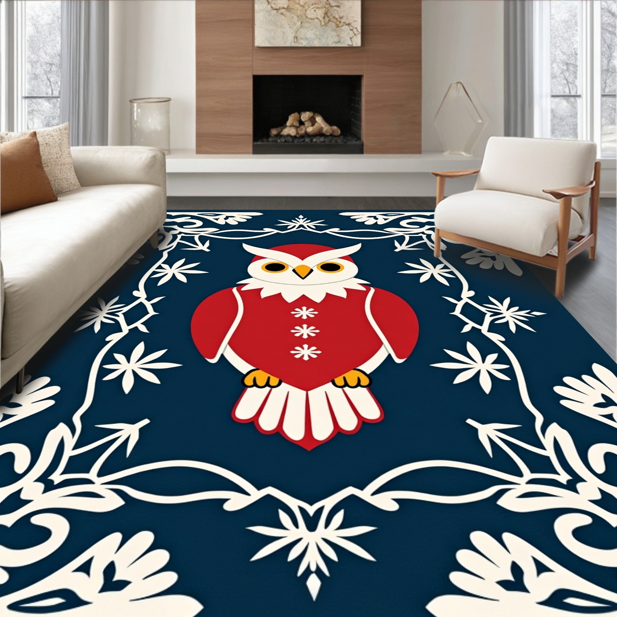 Red Owl With White Snowflakes Border Rug