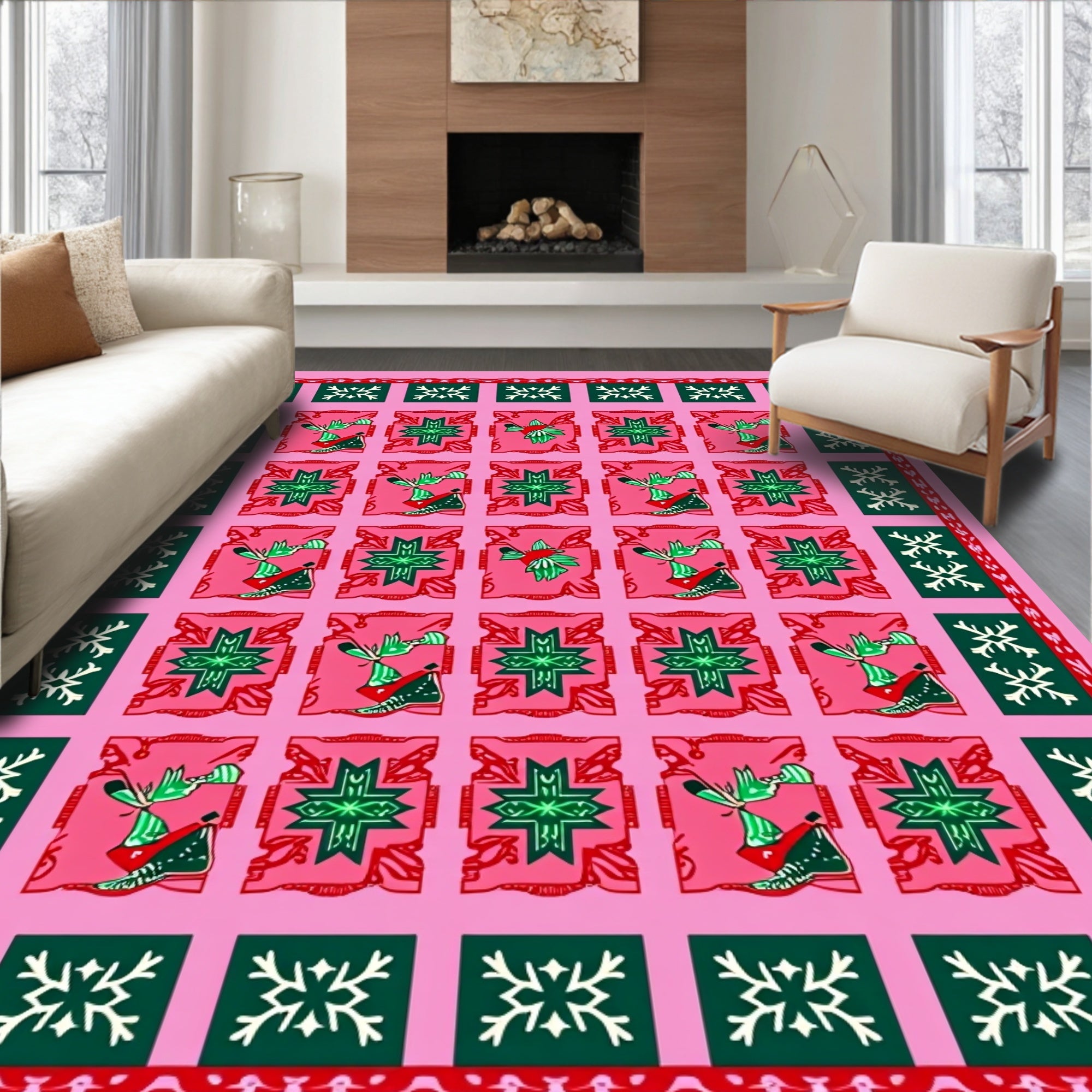 Pink Red Green Bird Medallion Rug