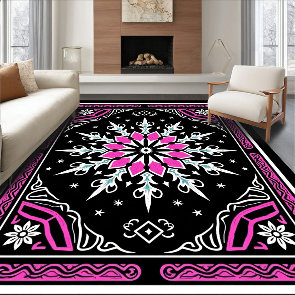Bold Pink and White Floral Mandala Rug