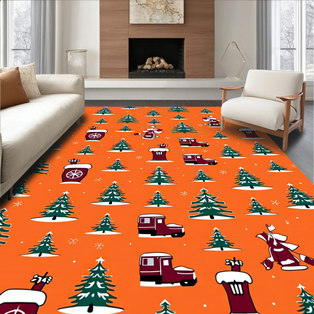 Festive Evergreen Trees Truck Motif Rug