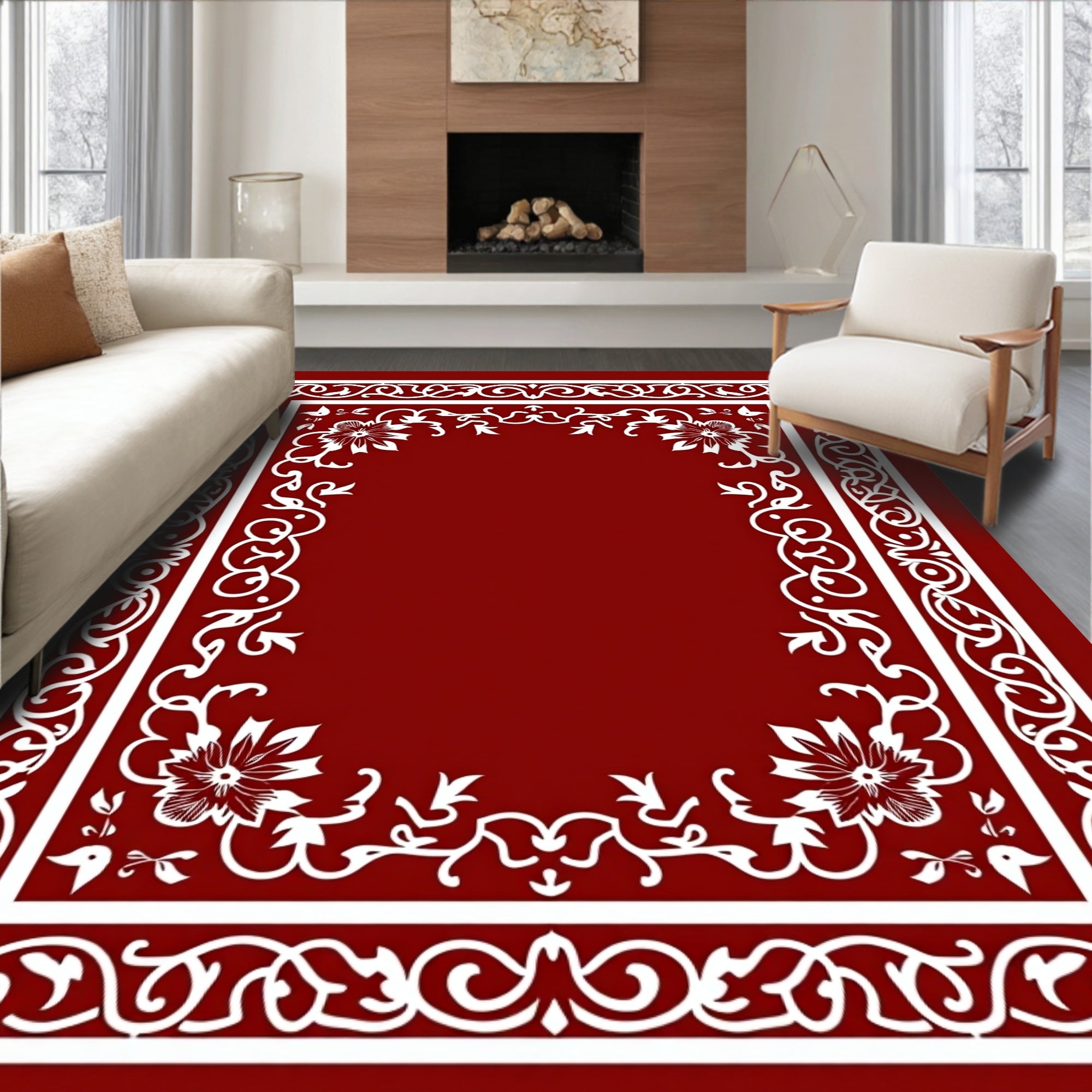 Deep Red Ornate Blossom Vine Border Rug