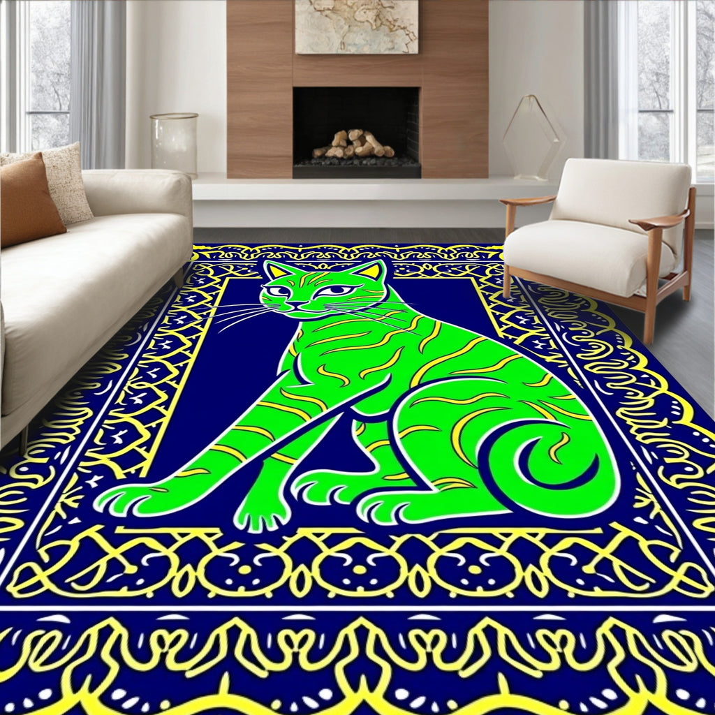 Vibrant Green Cat In Blue Frame Rug