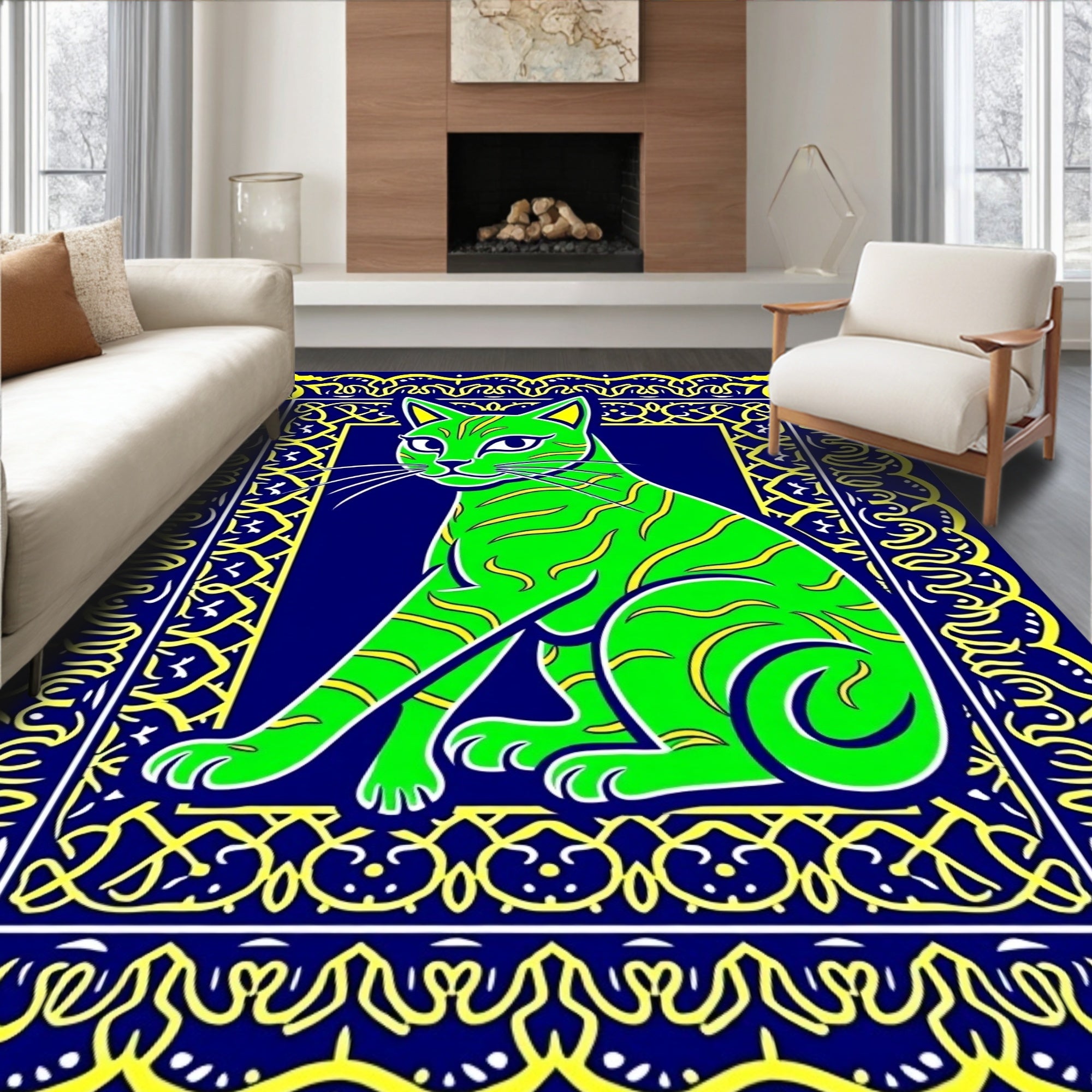 Vibrant Green Cat In Blue Frame Rug