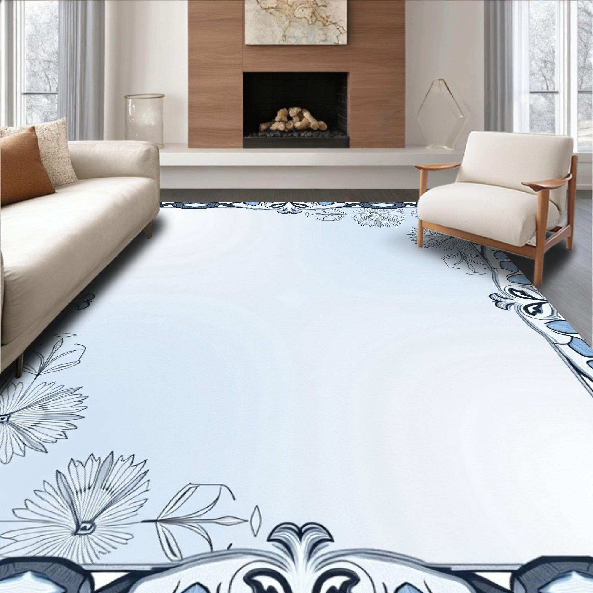 Light Blue Floral Art Nouveau Border Rug