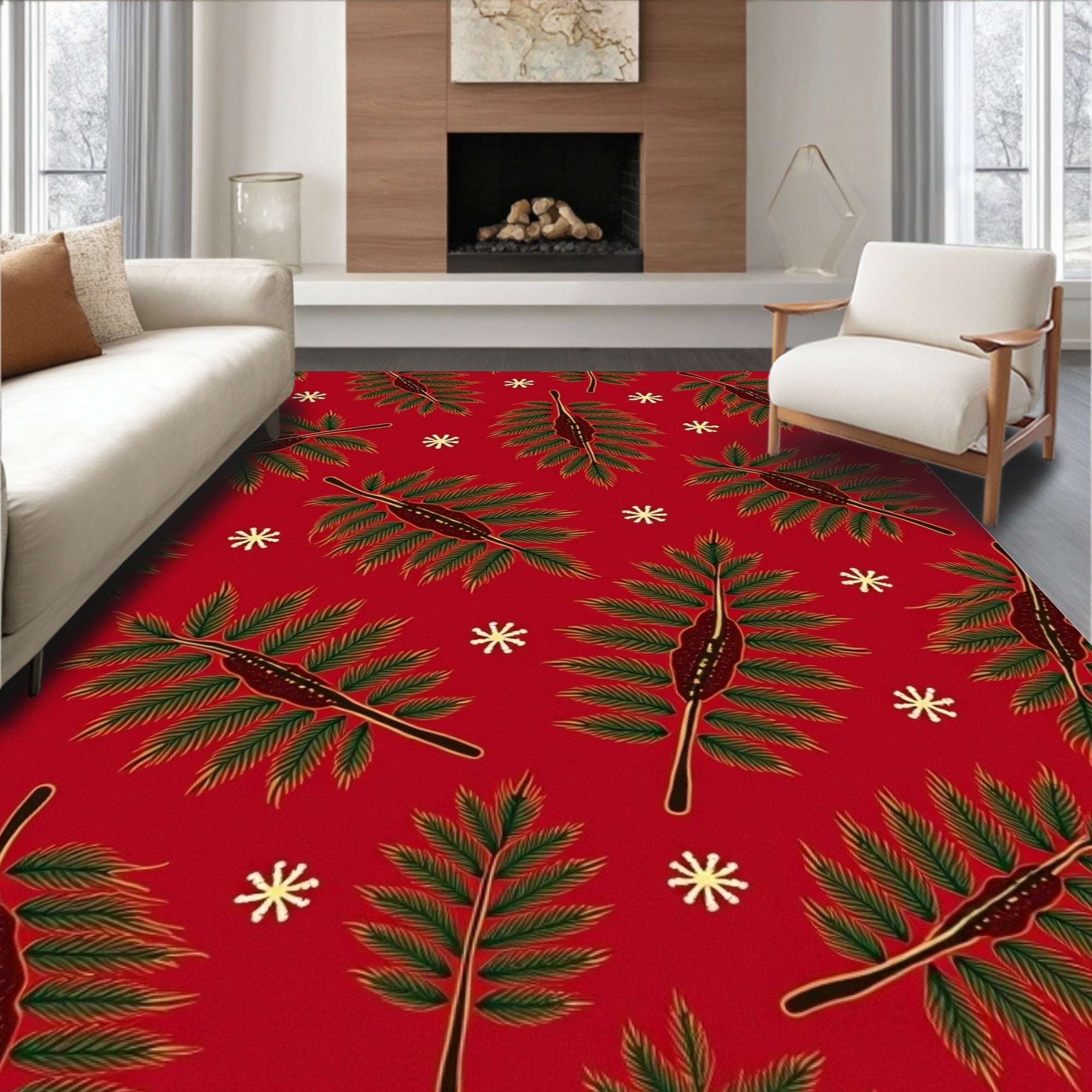 Crimson Red Festive Foliage Snowflakes Rug
