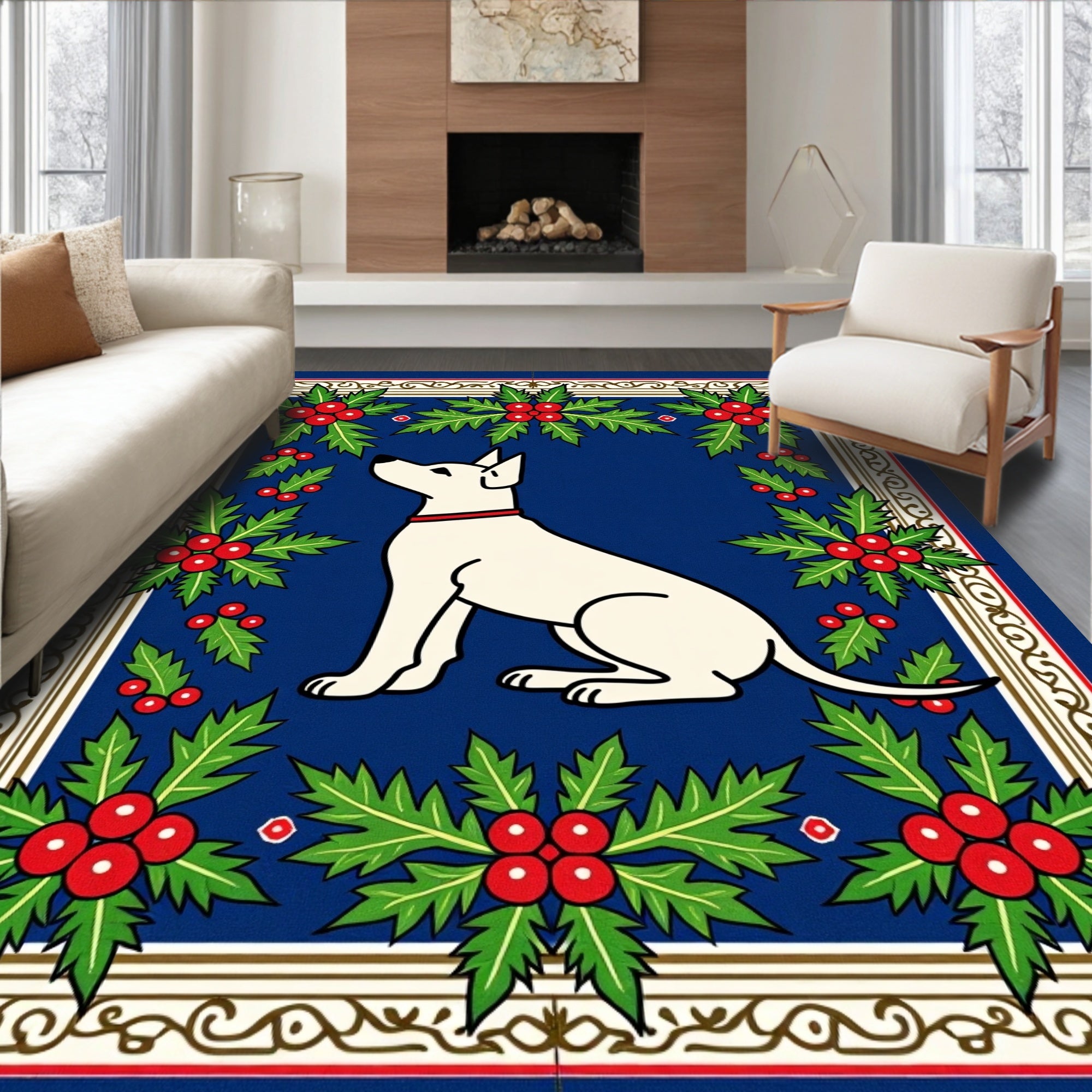 White Pup Holly Border Oval Rug