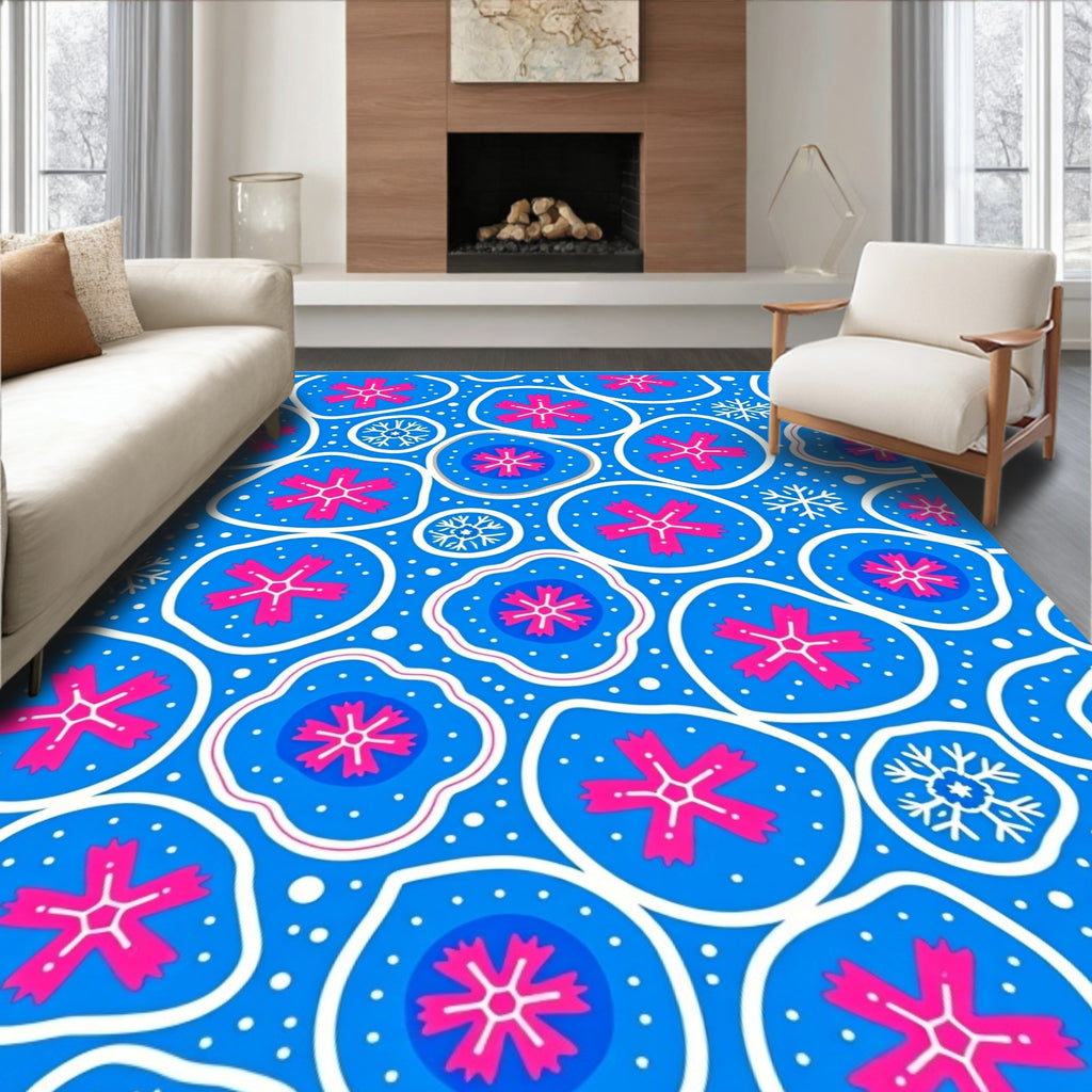Whimsical Pink Blossom Blue Organic Rug