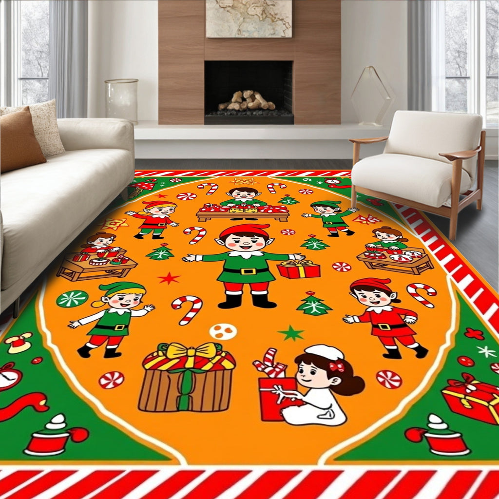 Joyful Elves Christmas Present Scene Rug