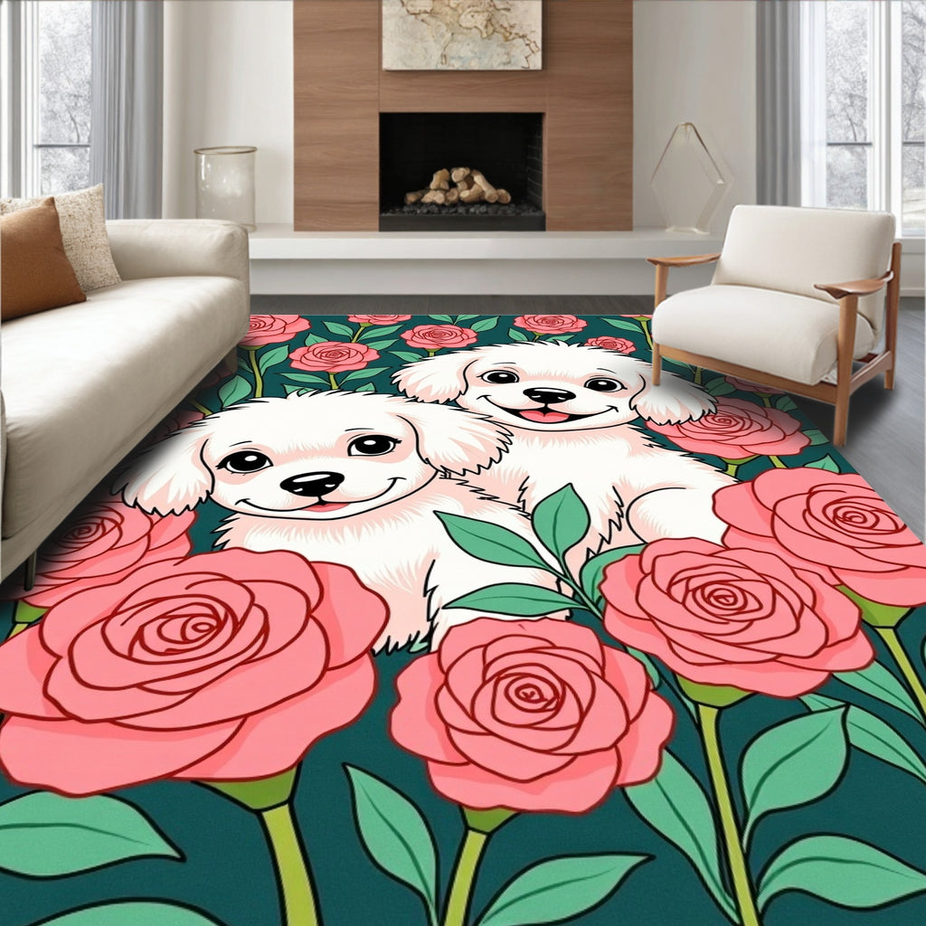 Happy Puppies Pink Rose Garden Rug