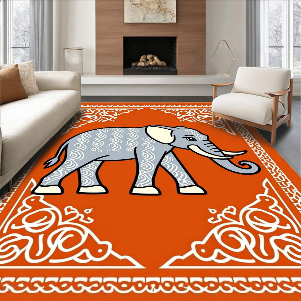 Orange Gray Elephant Scrollwork Border Rug