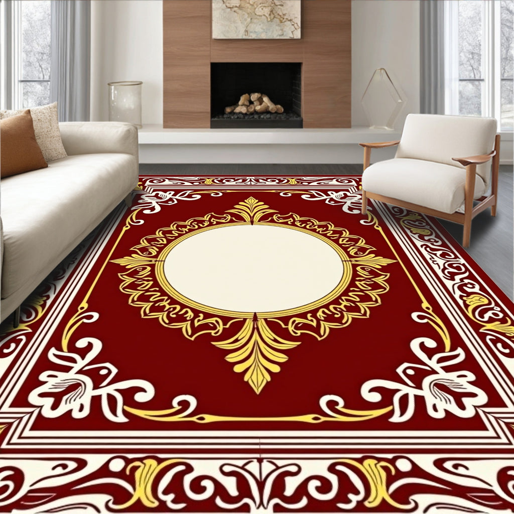 Crimson Gold Floral Medallion Frame Rug