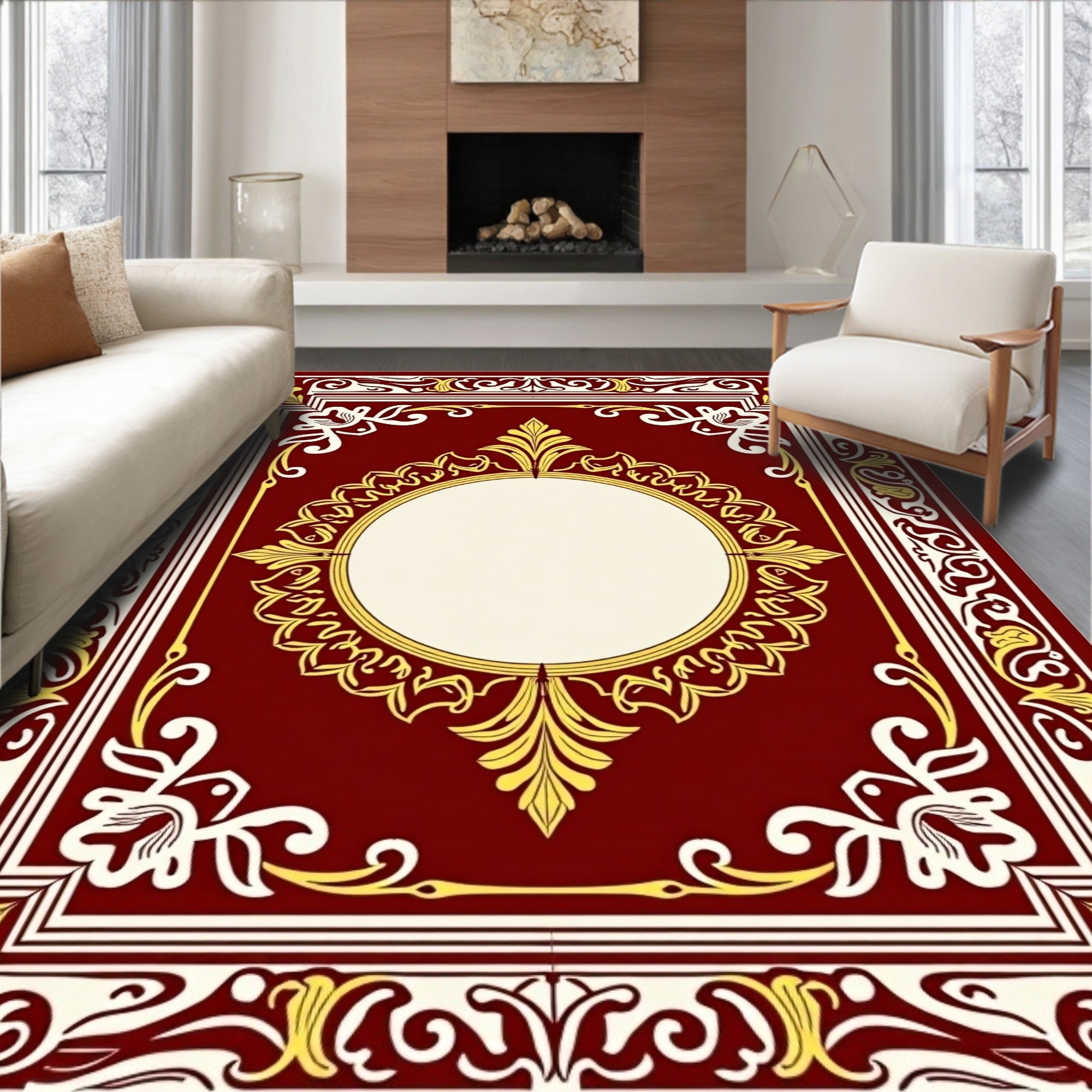 Crimson Gold Floral Medallion Frame Rug