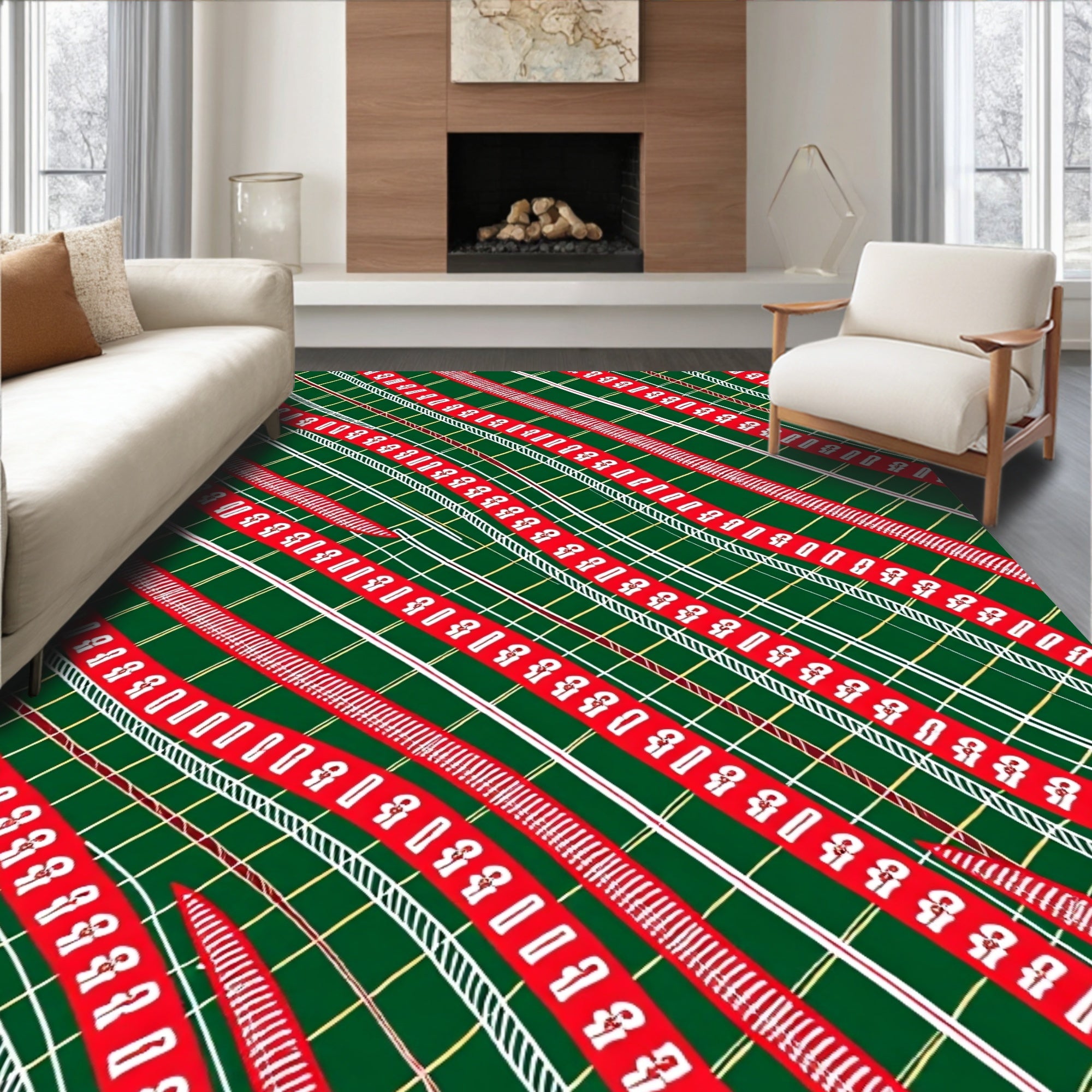 Dark Green Red White Diagonal Ribbon Plaid Rug
