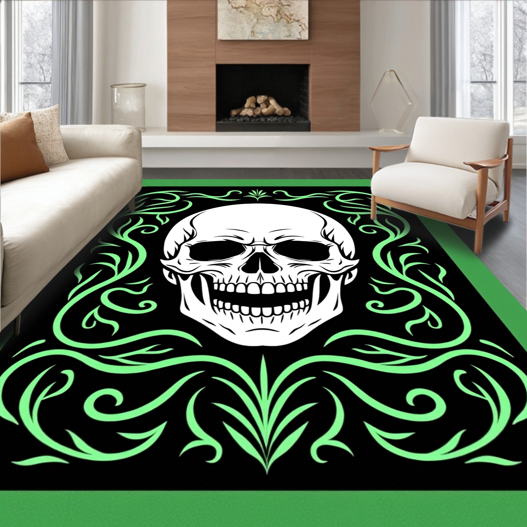 Glow Green Skull Floral Border Rug