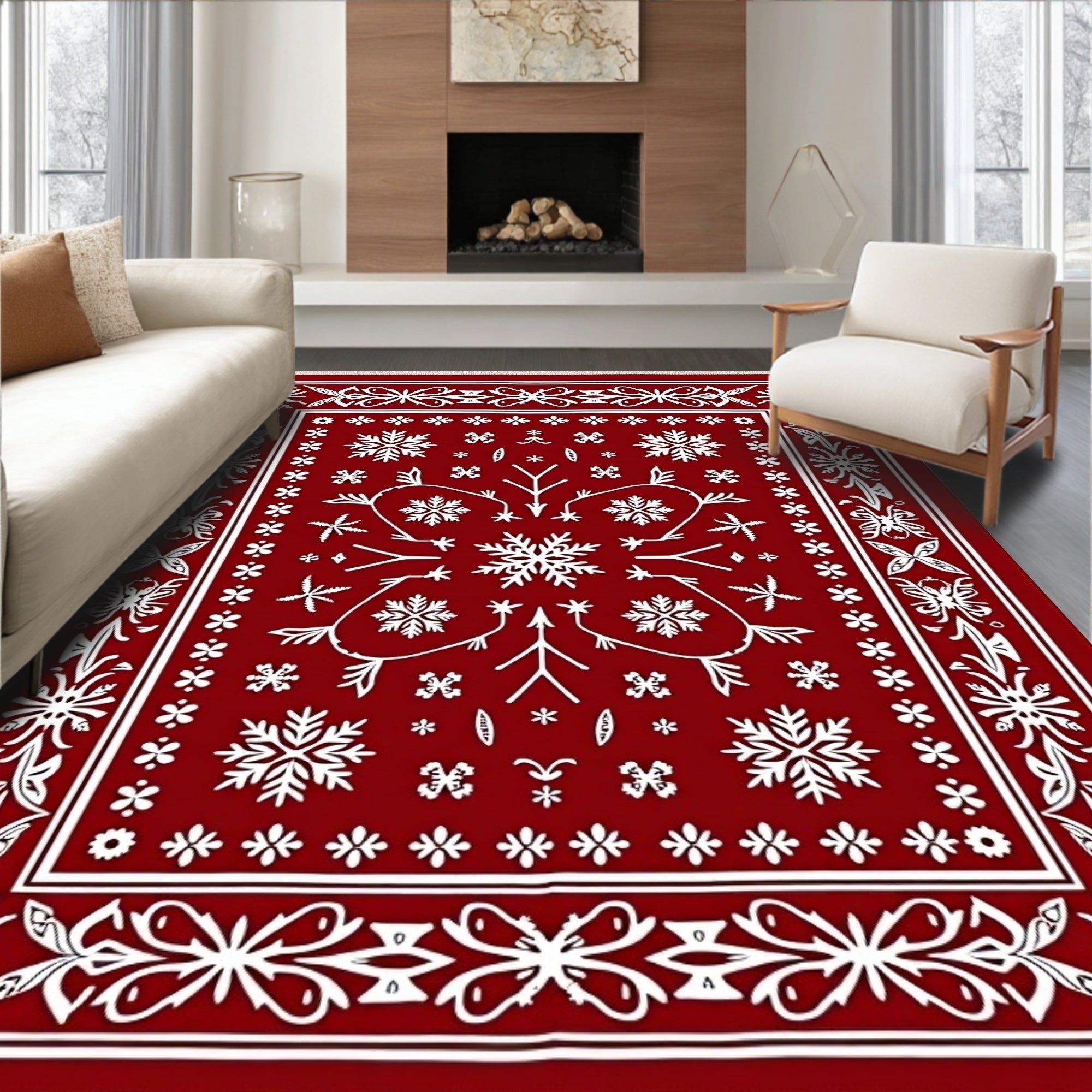 Crimson White Snowflake Folk Art Rug
