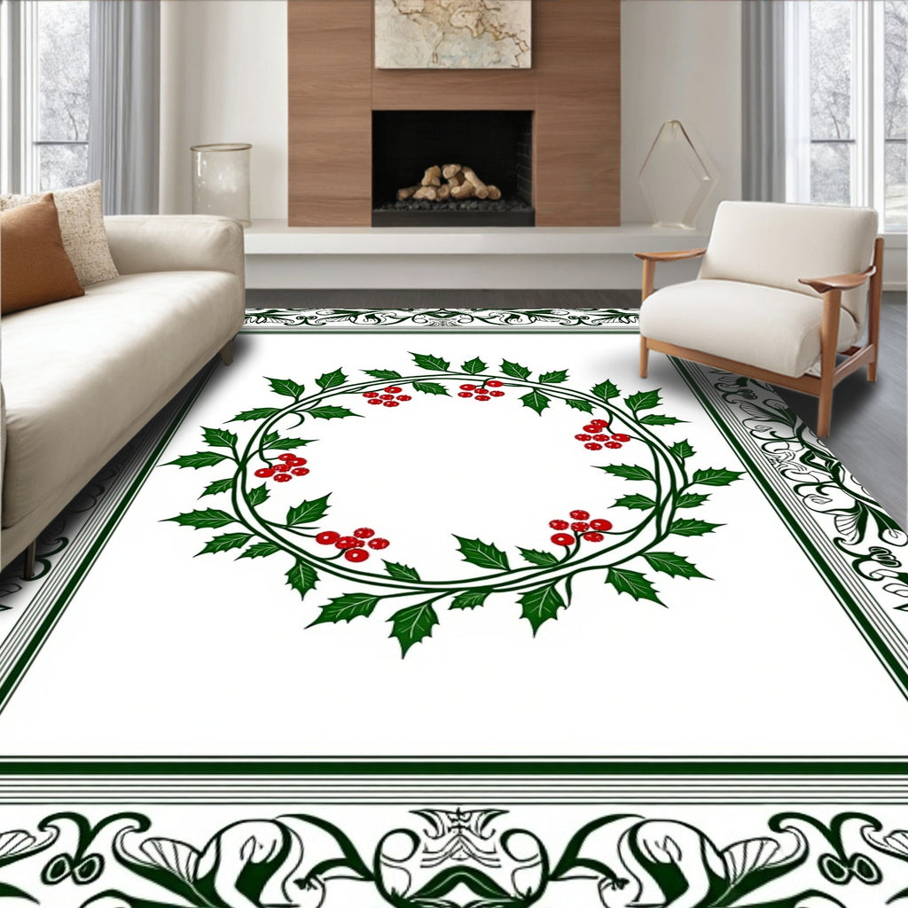 Elegant Green Holly Berry Wreath Border Rug