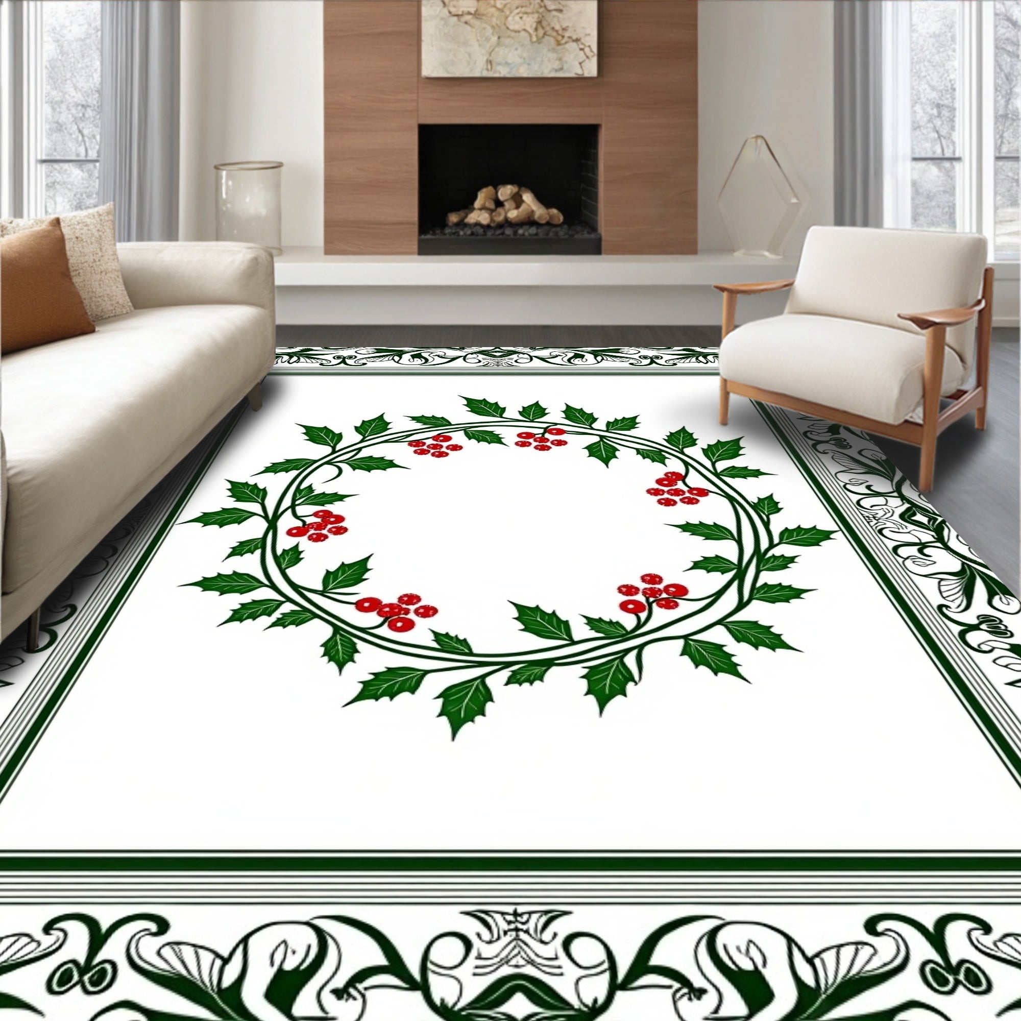 Elegant Green Holly Berry Wreath Border Rug