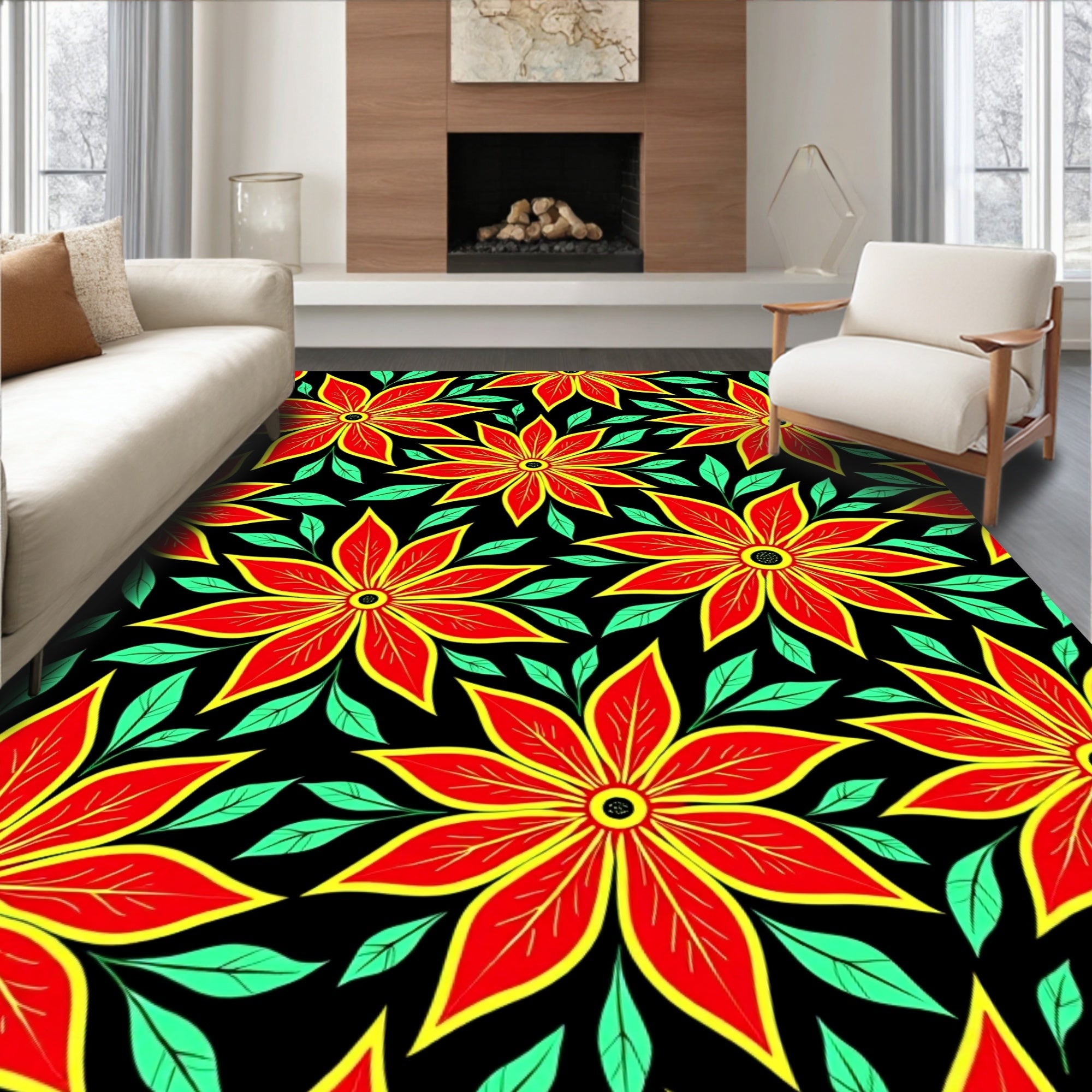 Vibrant Red Yellow Floral Foliage Rug