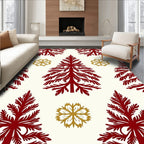 Crimson Pine Trees Gold Snowflakes Rug