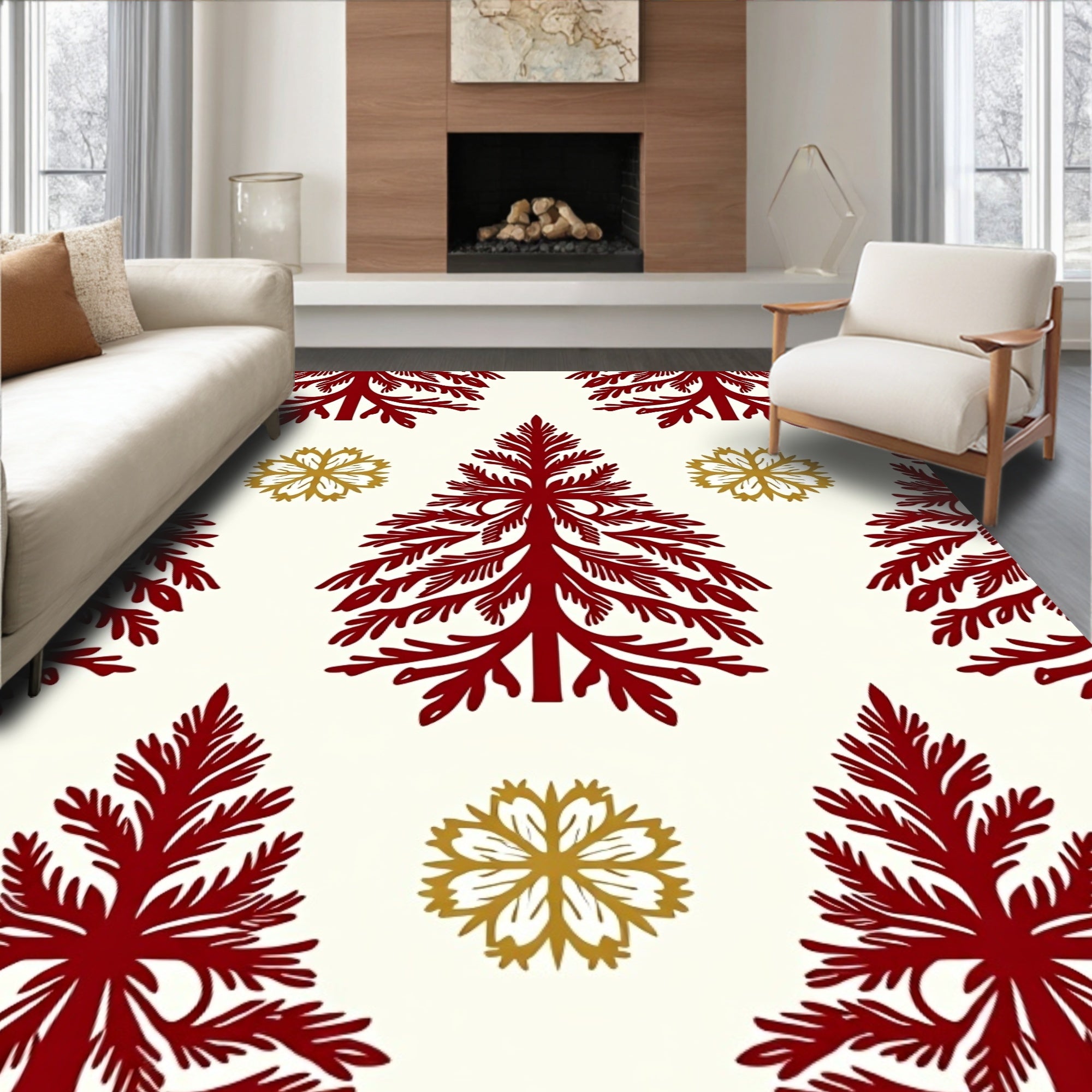 Crimson Pine Trees Gold Snowflakes Rug
