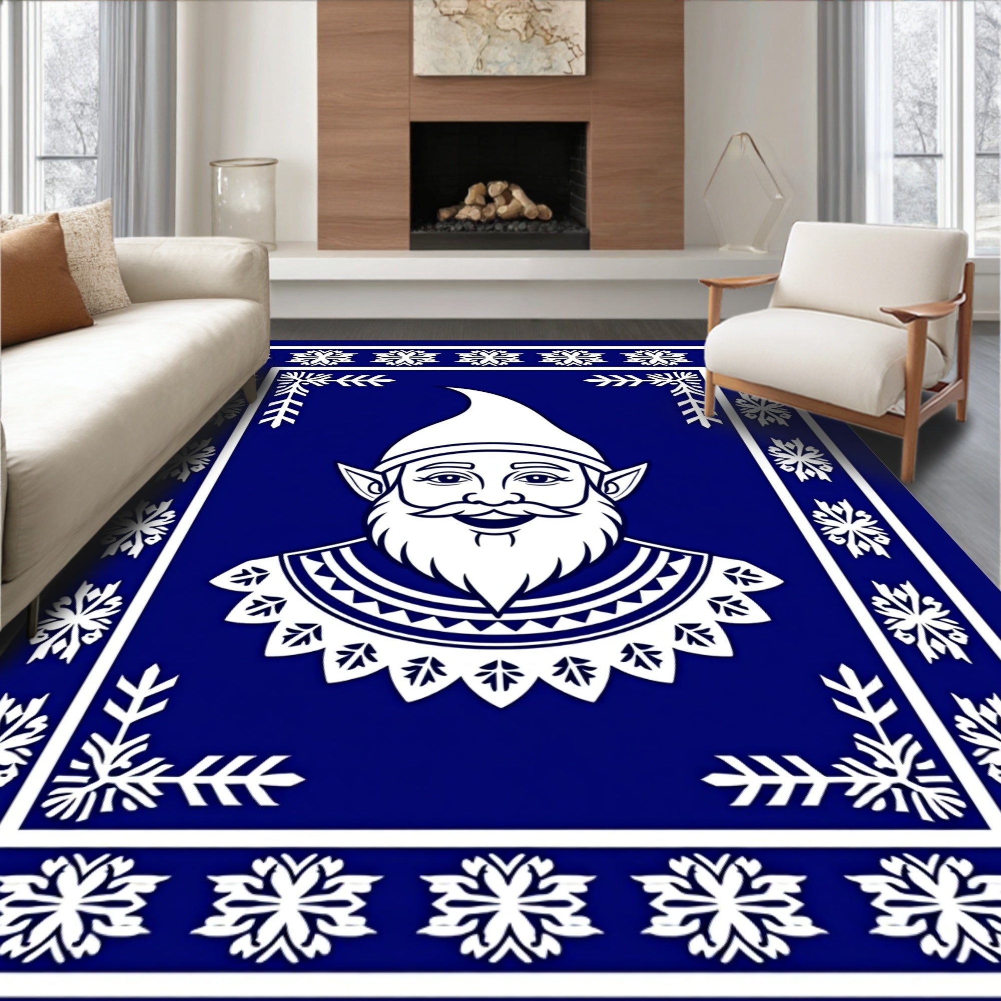 Whimsical Blue Gnome Snowflake Border Rug