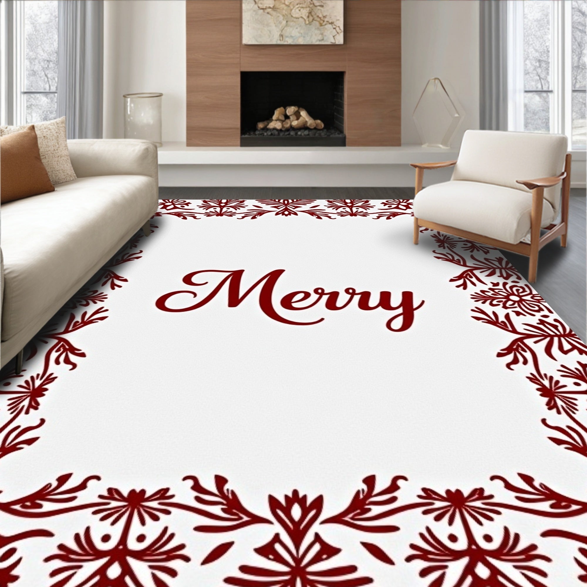 Crimson Floral Border Merry Script Rug