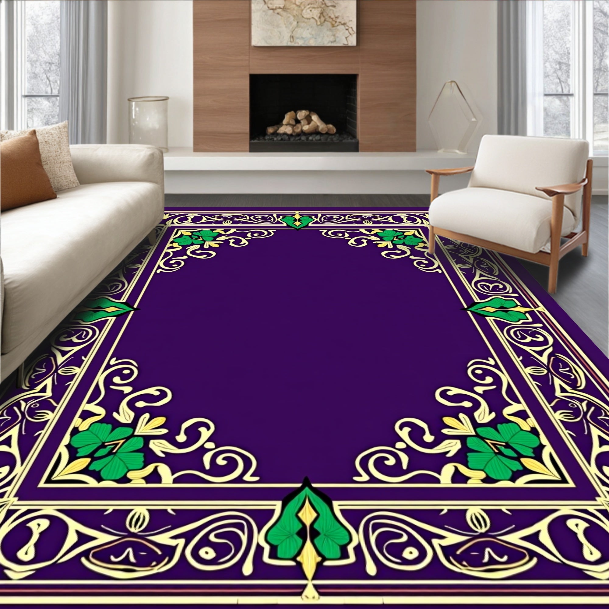Regal Purple Gold Green Floral Border Rug