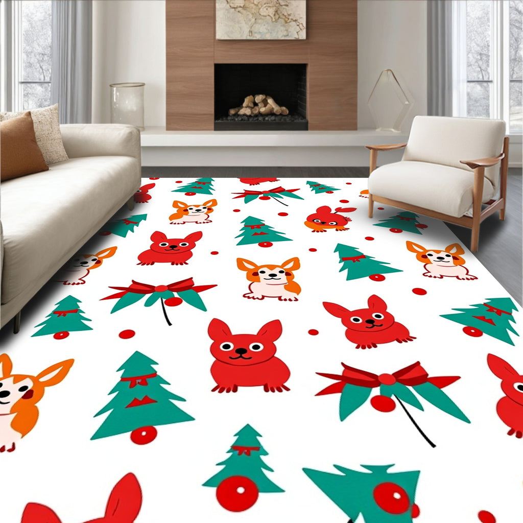 Red Orange Corgi Christmas Tree Bow Rug