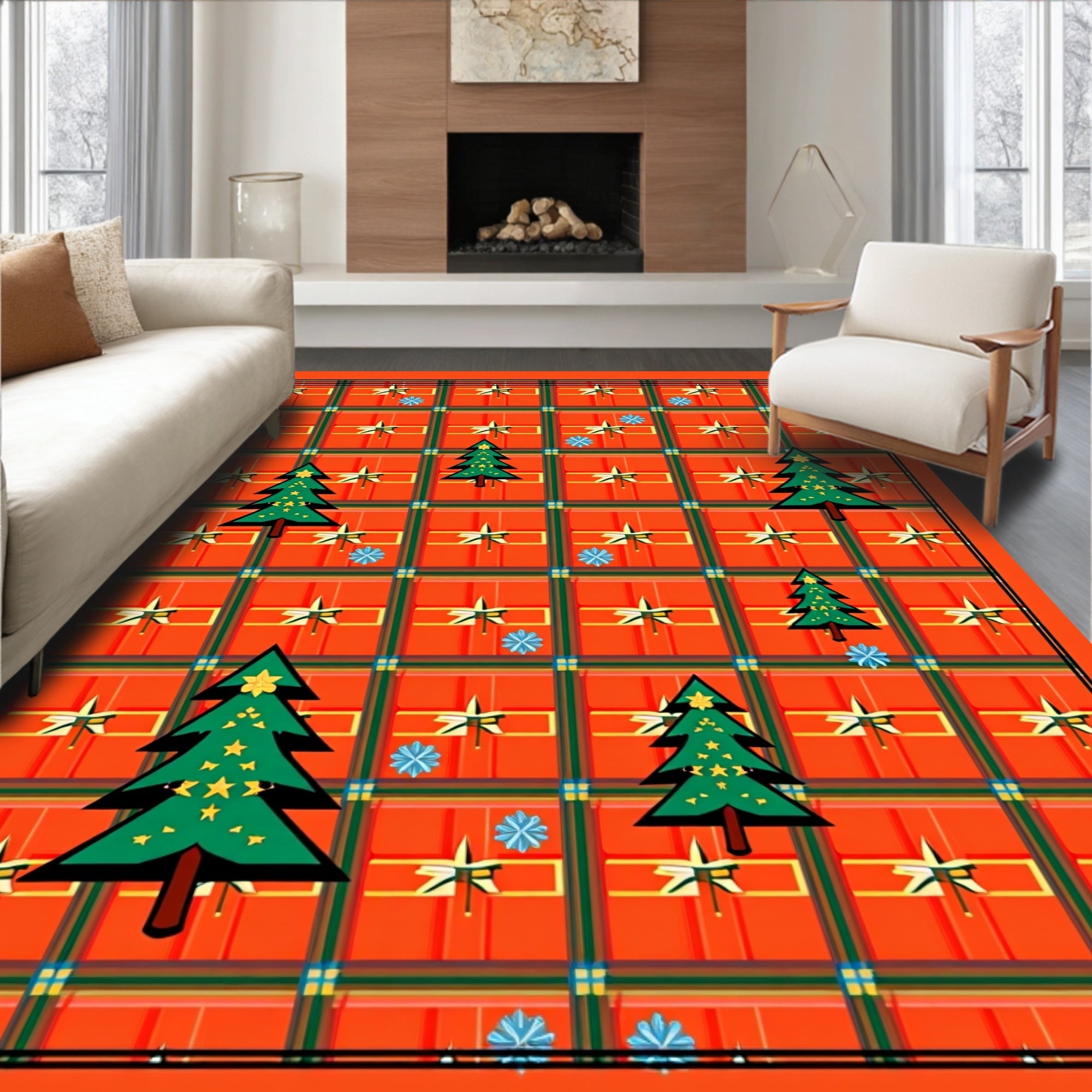 Festive Tartan Christmas Trees Star Rug