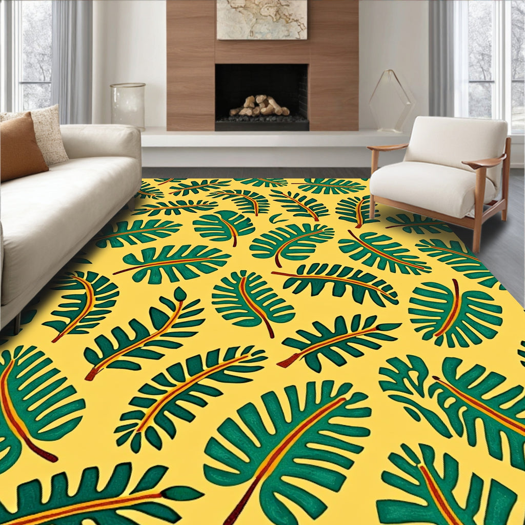 Green Tropical Leaf Yellow Background Rug