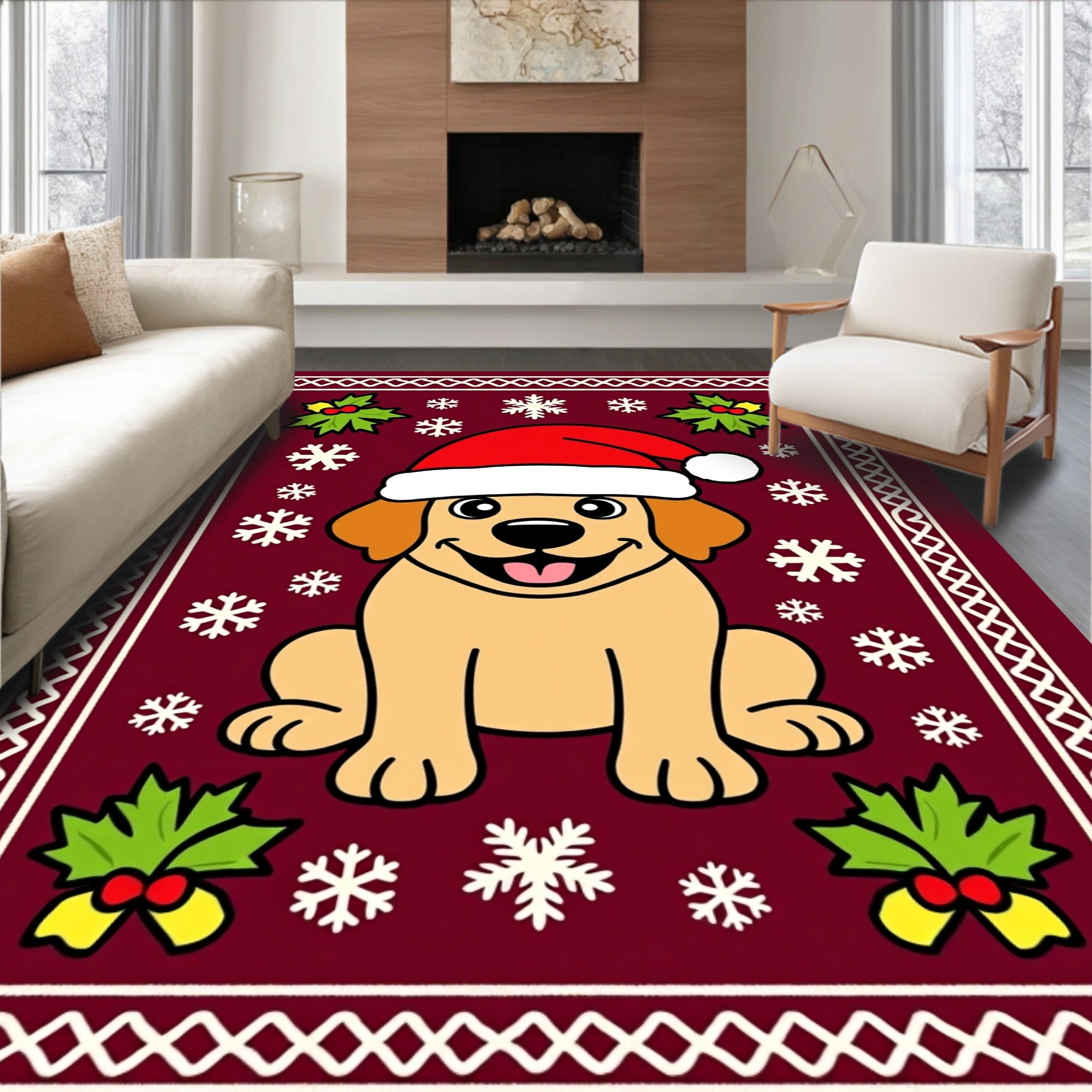 Festive Golden Puppy Wearing Santa Hat Rug
