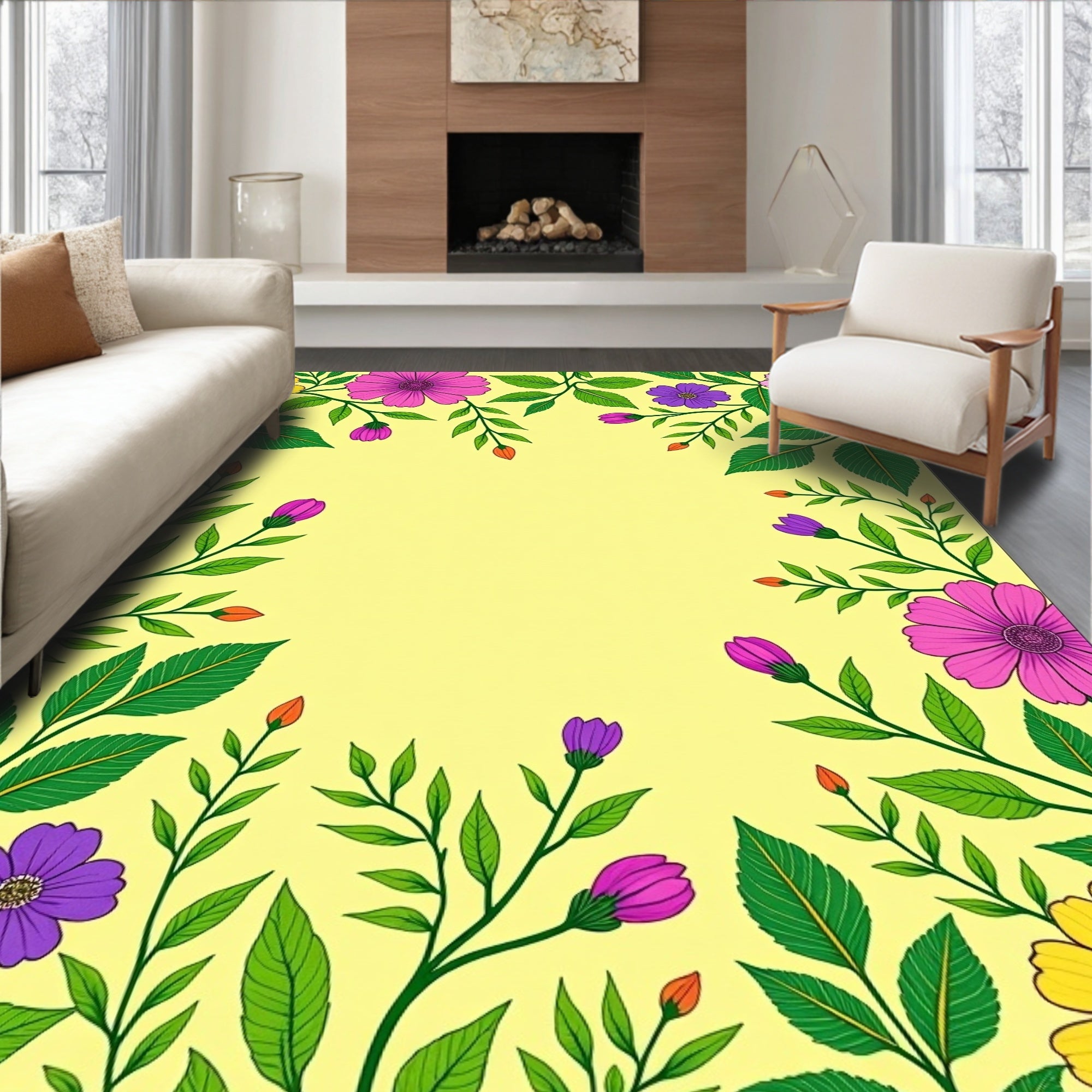 Vibrant Yellow Garden Floral Vines Rug