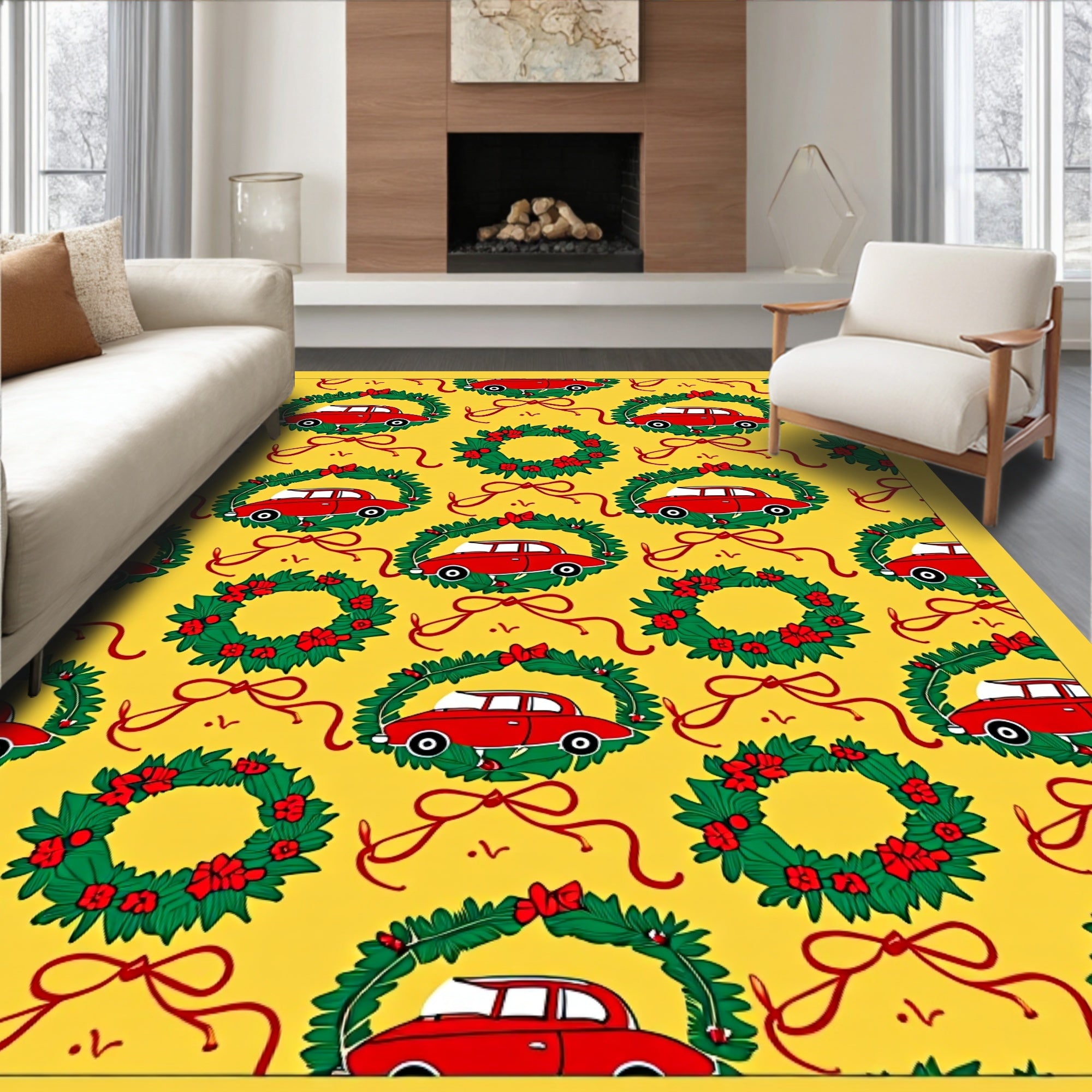 Red Car Wreath Festive Charm Rug