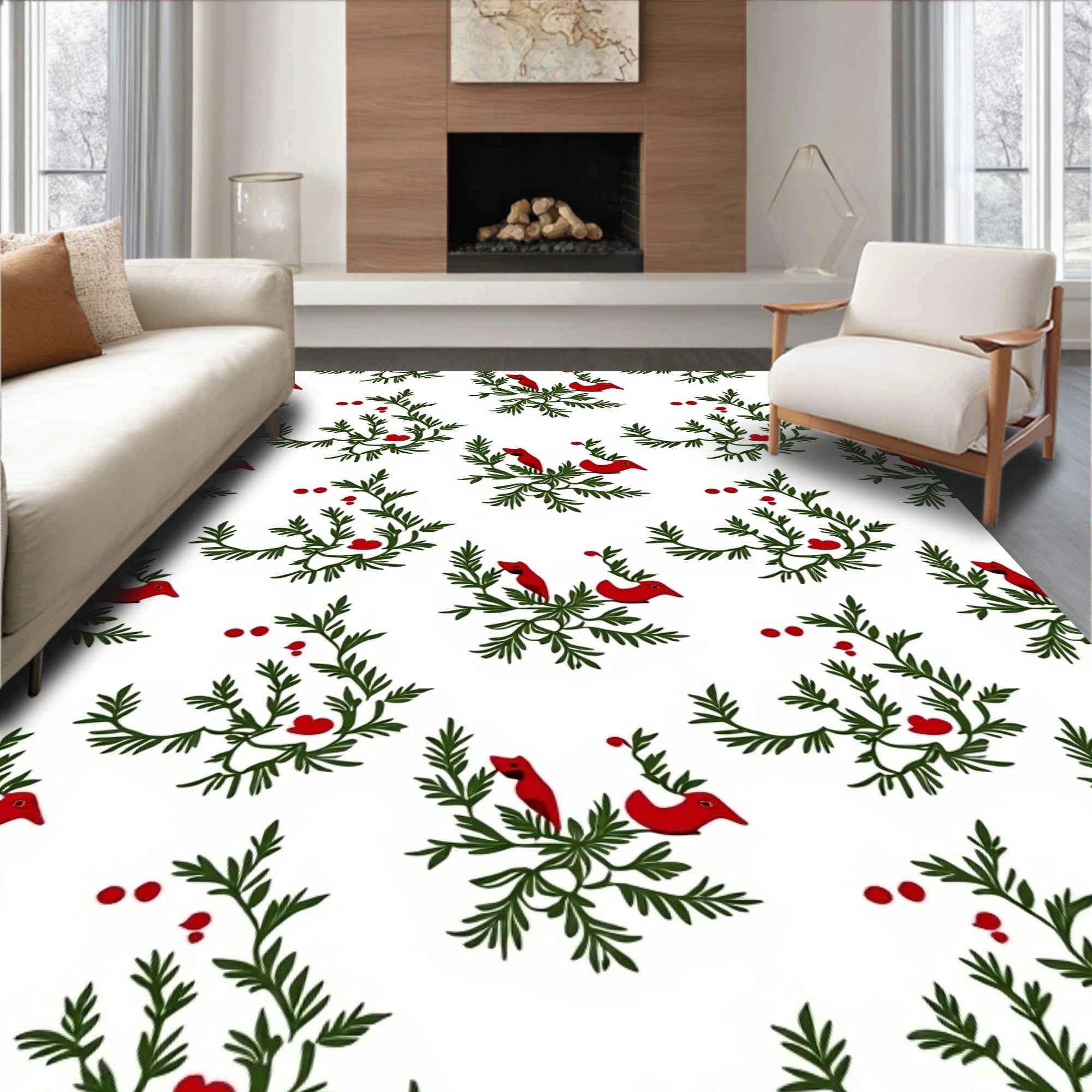 Charming Red Birds Greenery Repeating Rug