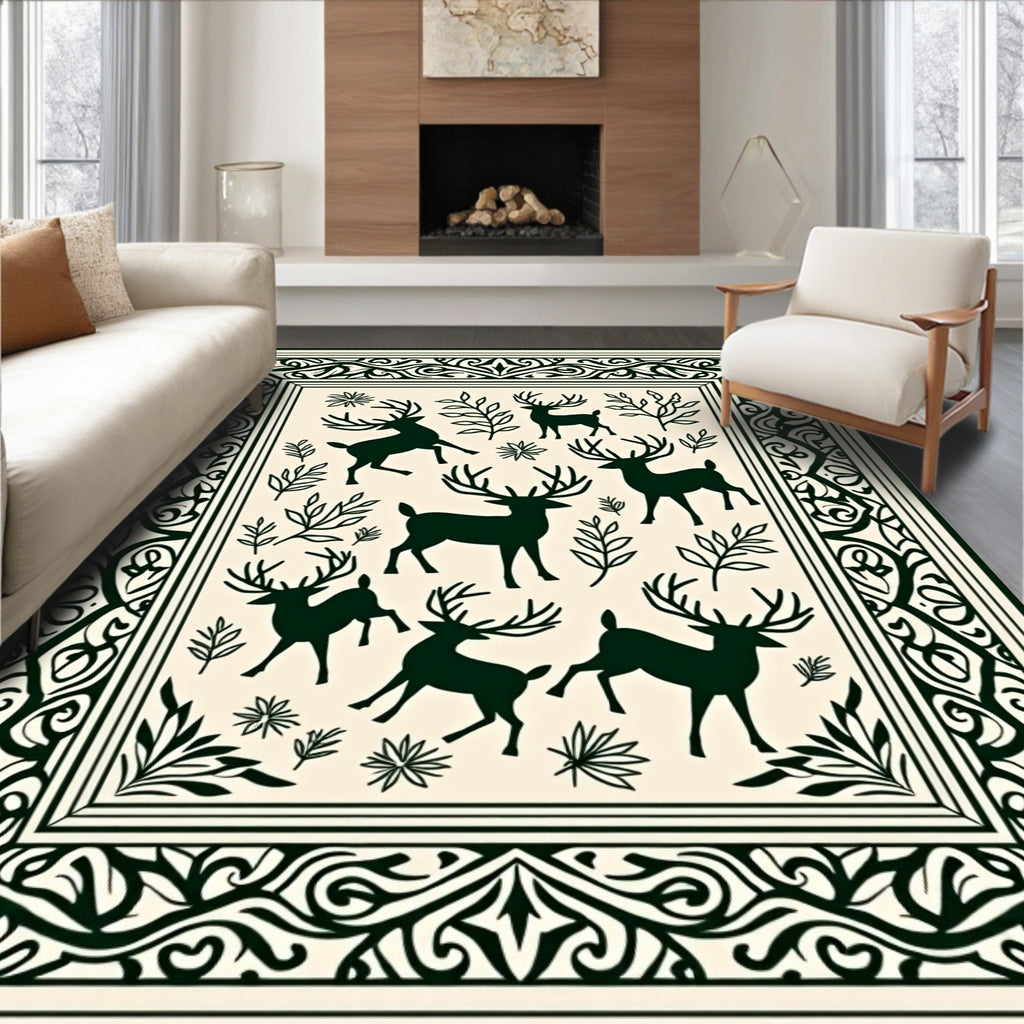 Dark Green Reindeer Forest Border Rug