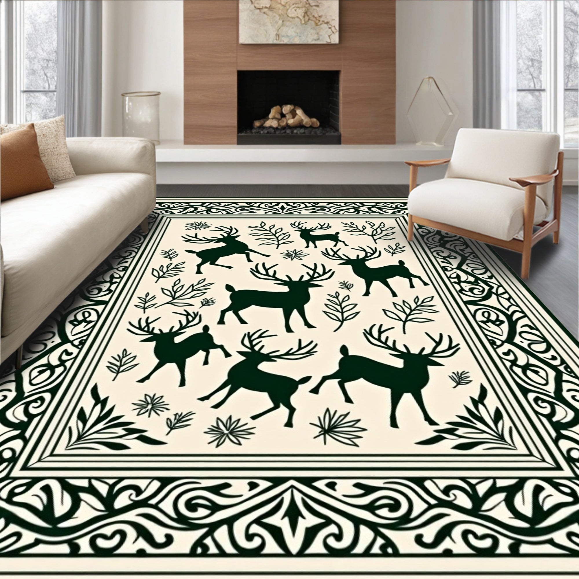 Dark Green Reindeer Forest Border Rug