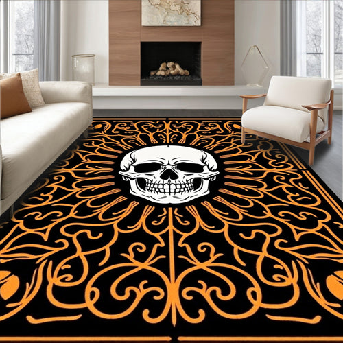 Black Orange Skull Radiating Swirls Rug
