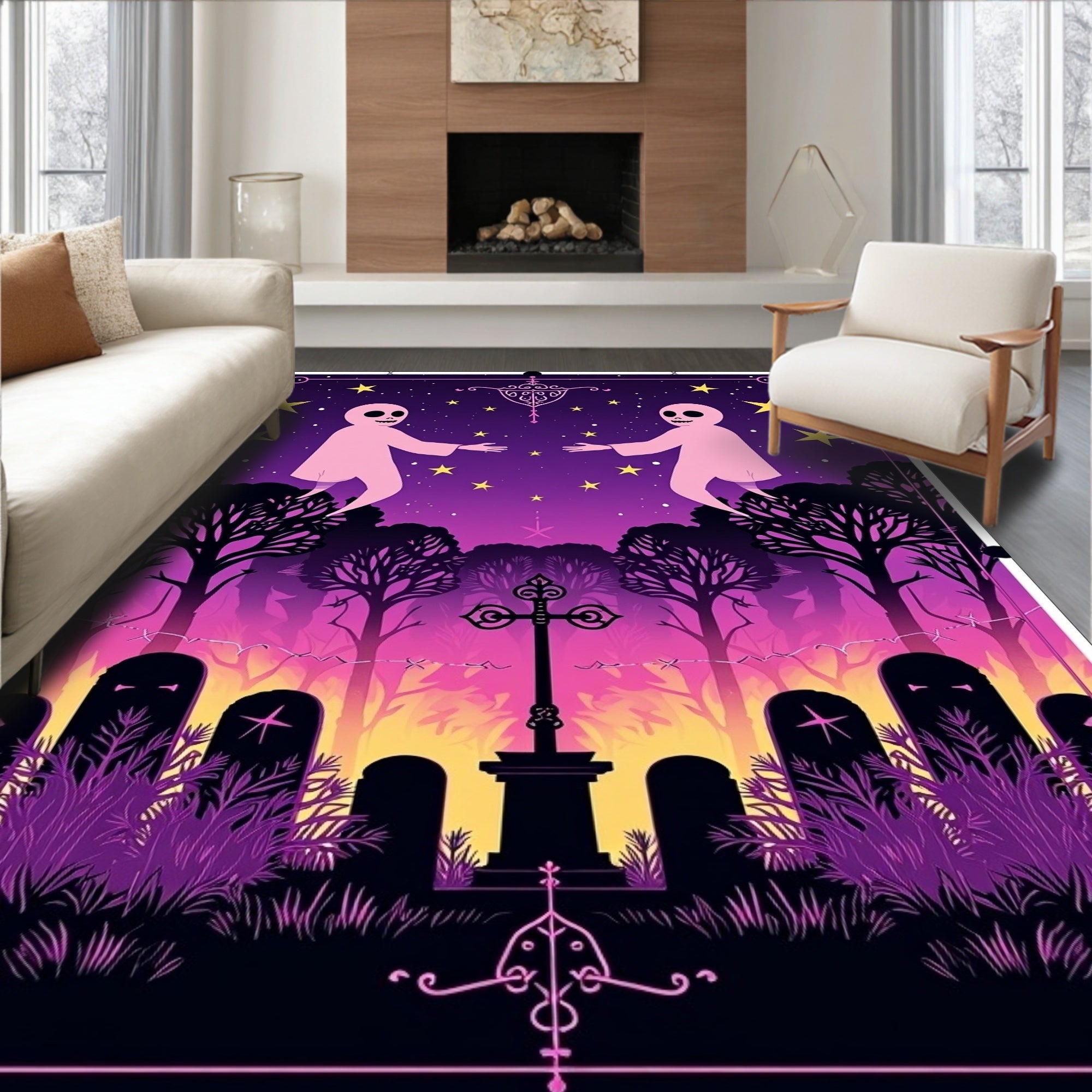 Spooky Pink Ghost Starry Night Cemetery Rug