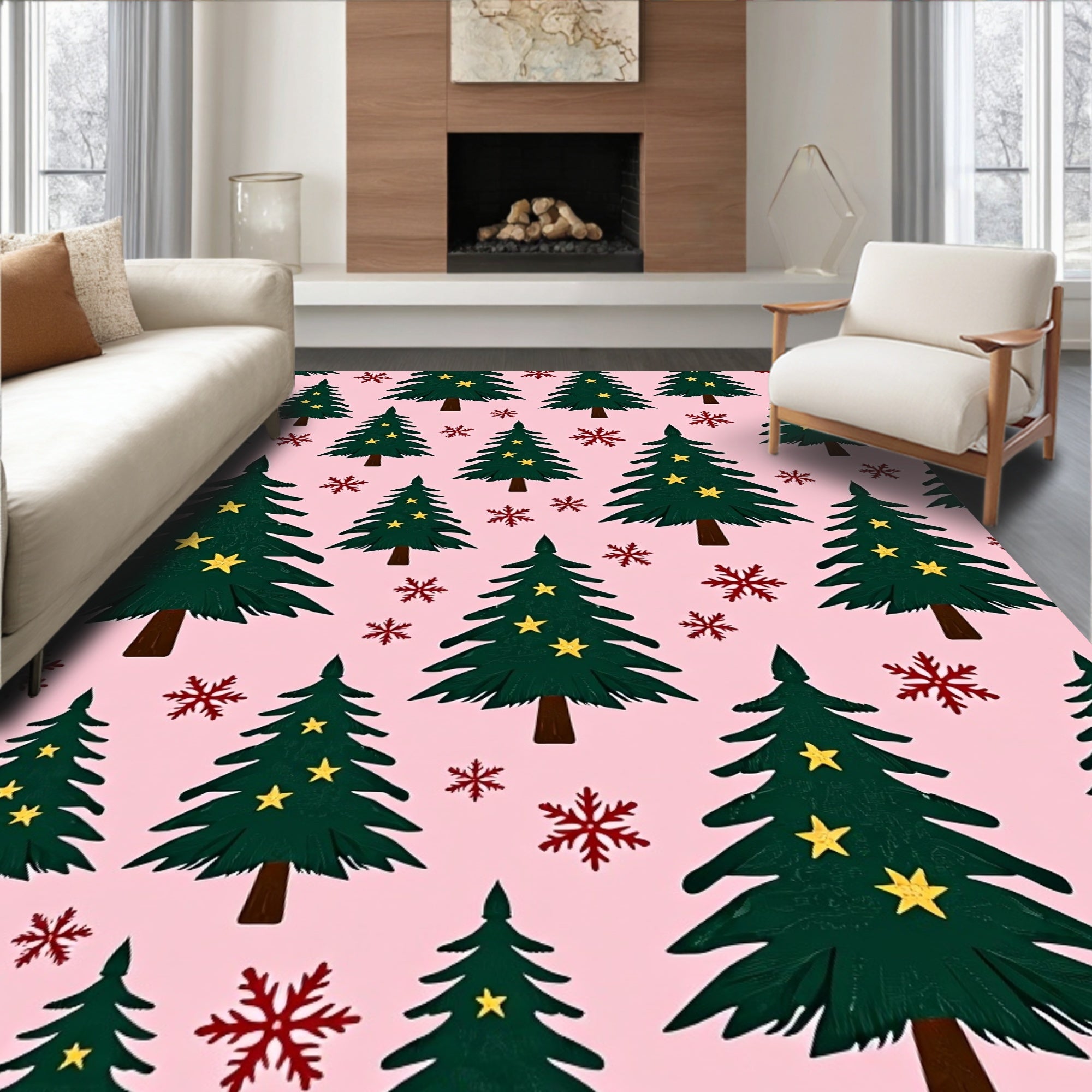Festive Green Christmas Trees Red Snowflakes Rug