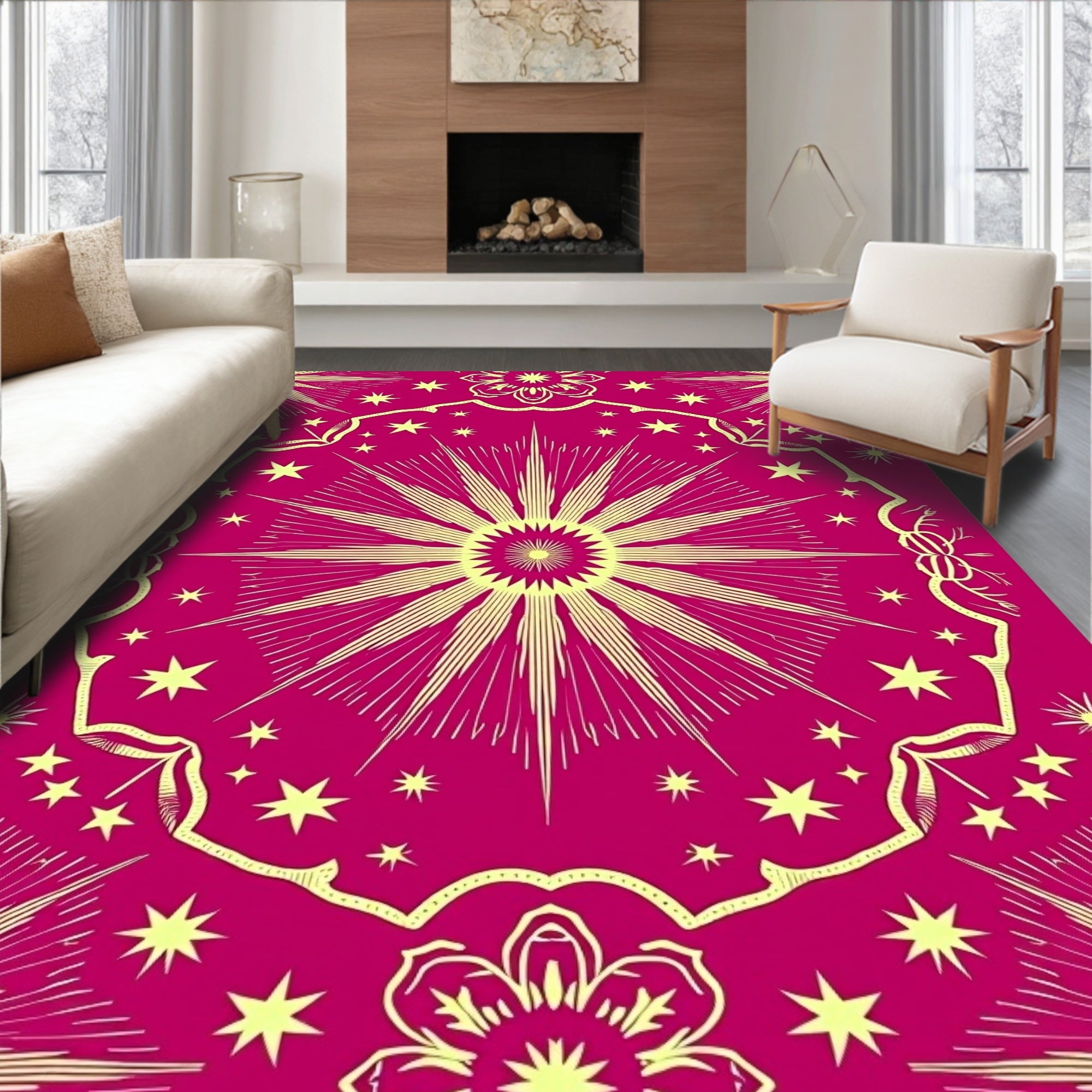 Radiant Sunburst Mandala With Stars Rug