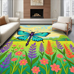 Whimsical Blue Dragonfly Meadow Garden Rug