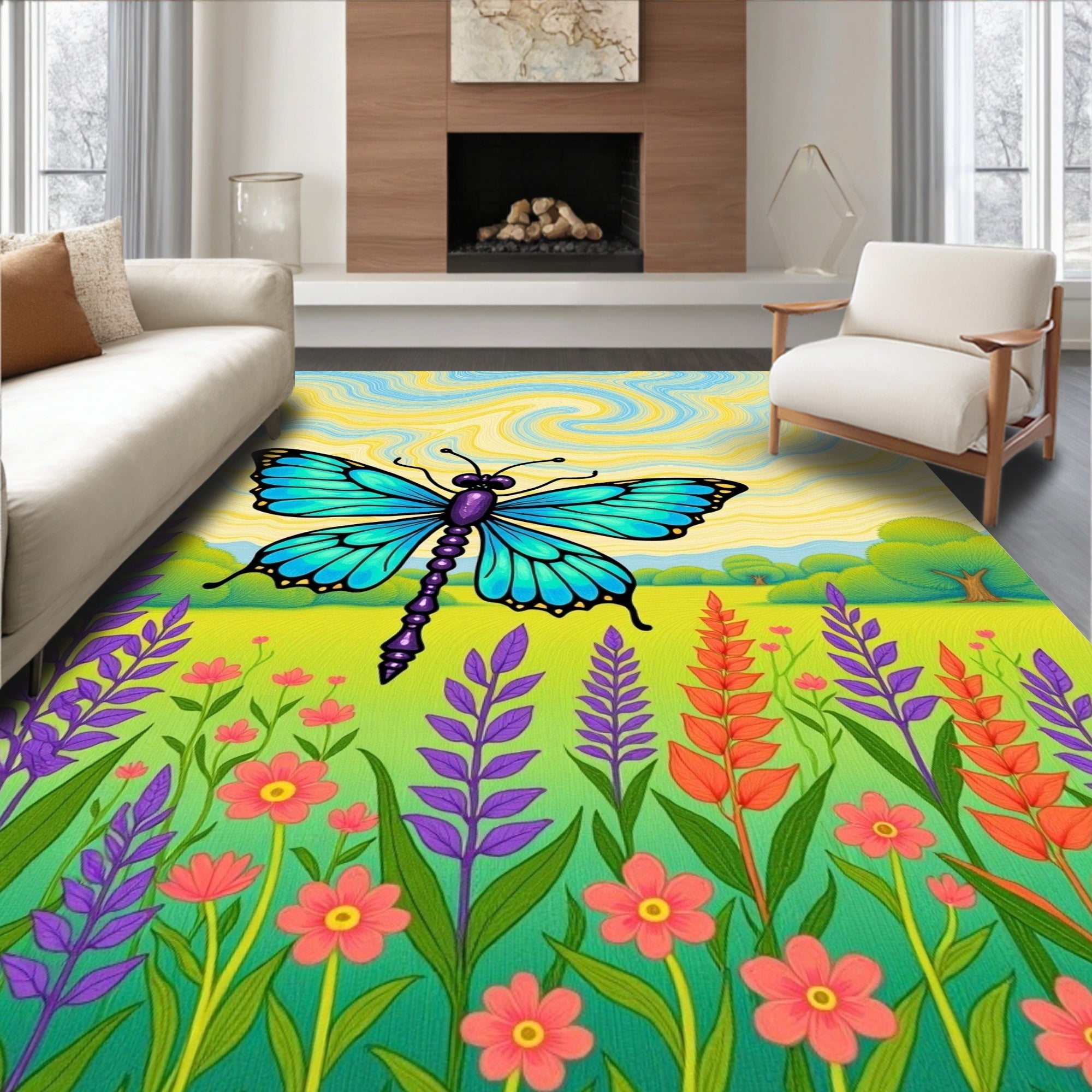 Whimsical Blue Dragonfly Meadow Garden Rug