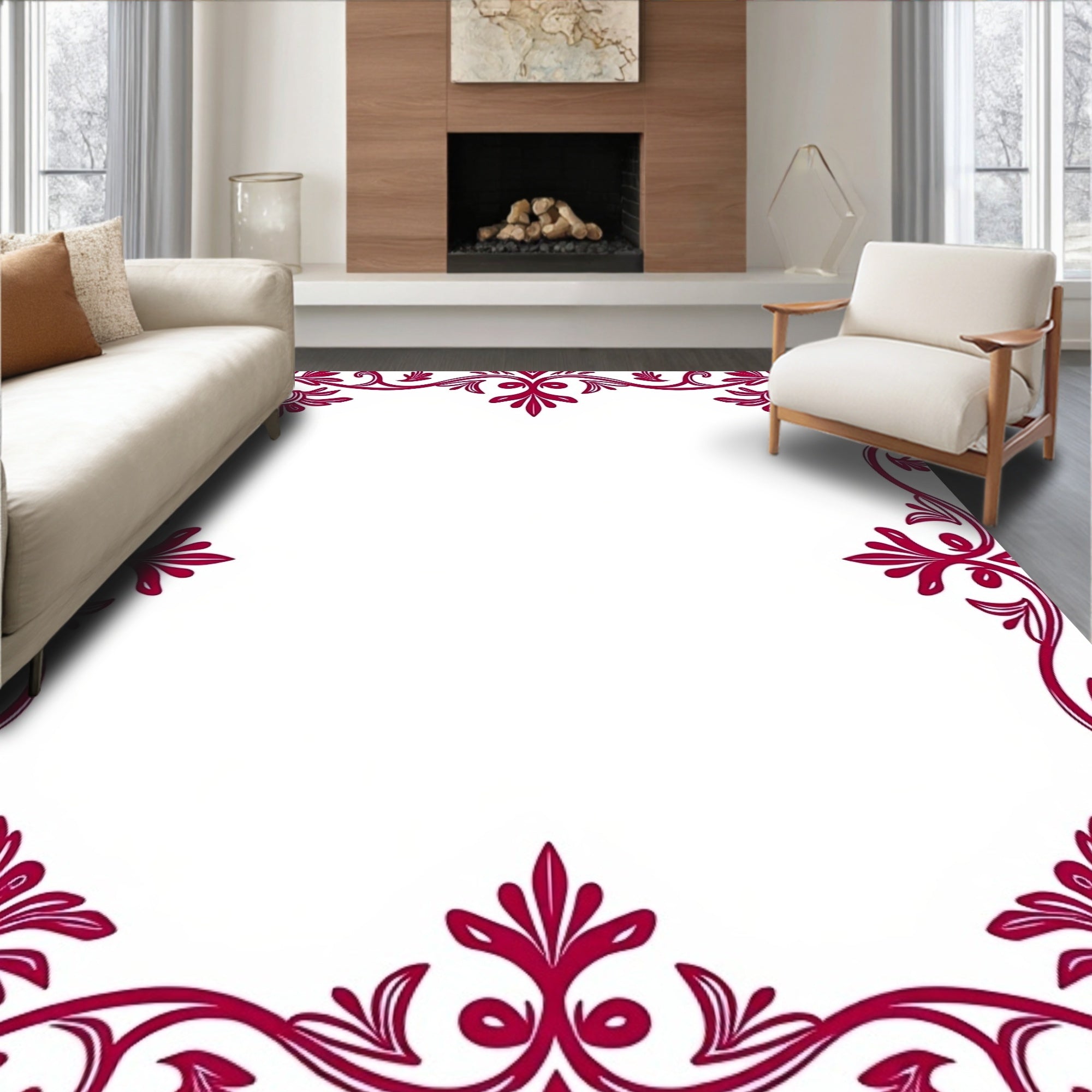 Ornate Crimson Vine Border Rug