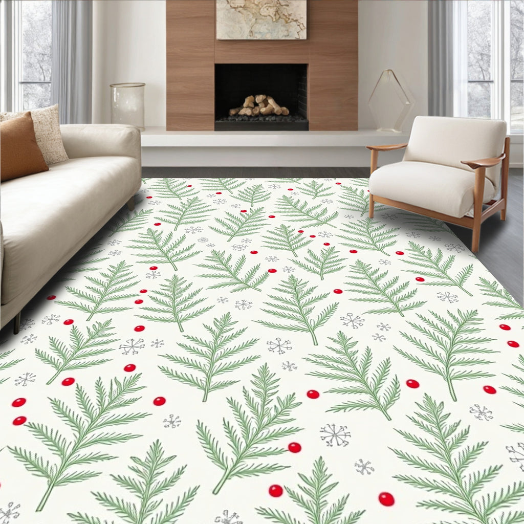 Winter Greenery Red Berry Snowflakes Rug