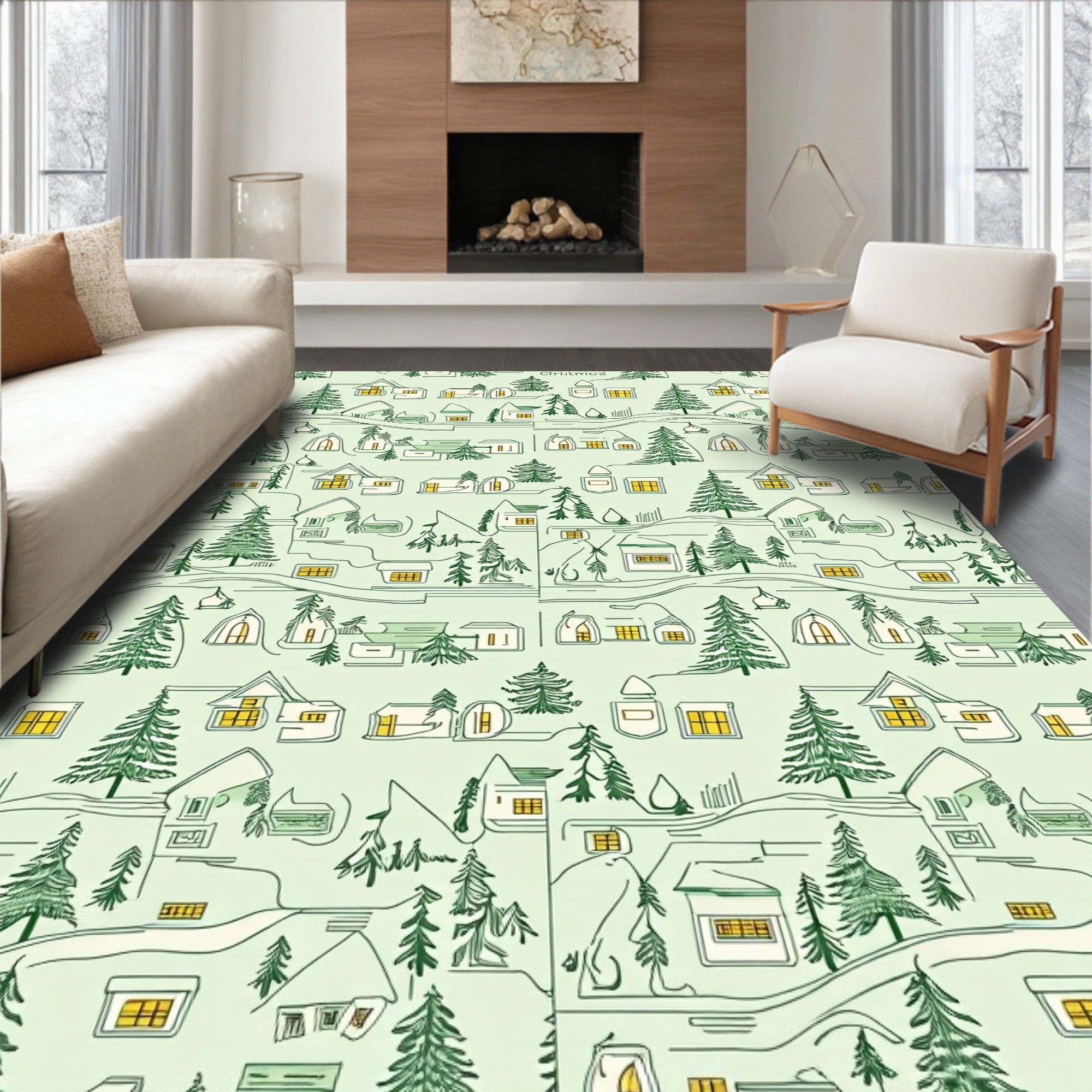 Cozy Village Pine Trees Lights Rug